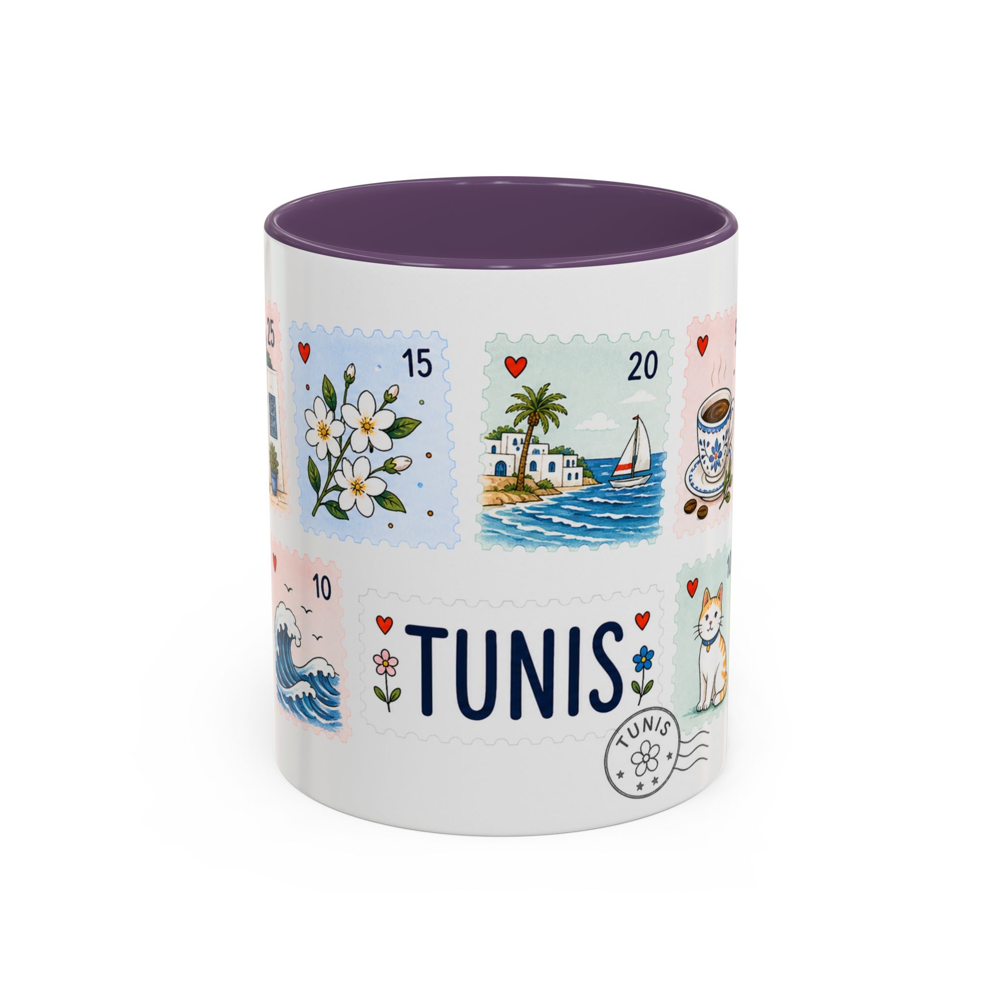 Tunis Coffee Mug | Postage Stamp Collage Mug | Travel Souvenir Accent Cup 11oz 15oz