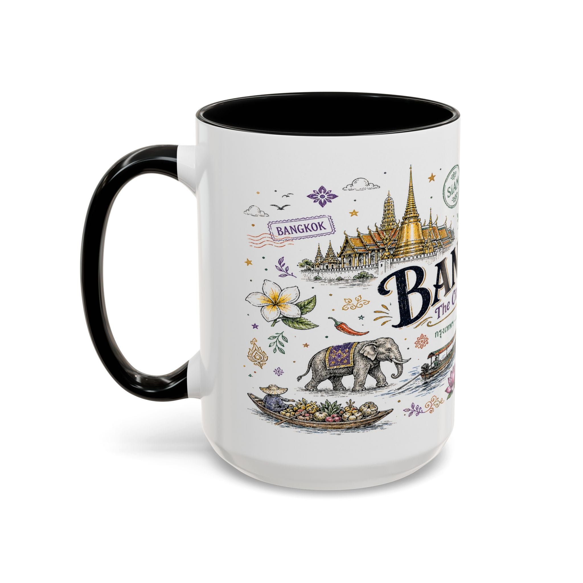 Bangkok Coffee Mug | Thailand Souvenir Travel Gift | Accent Color Ceramic 11oz 15oz