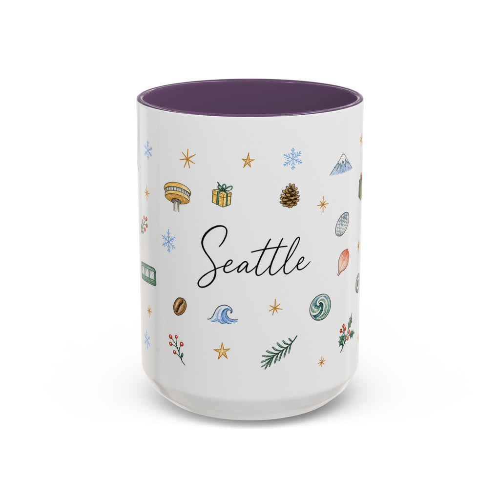 Seattle Christmas Mug | Watercolor Travel Souvenir | Holiday Gift | Accent Ceramic Coffee Cup 11oz 15oz