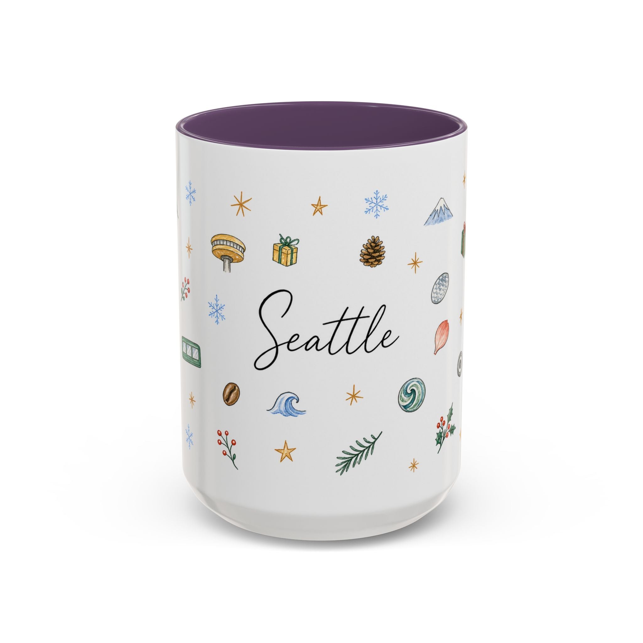Seattle Christmas Mug | Watercolor Travel Souvenir | Holiday Gift | Accent Ceramic Coffee Cup 11oz 15oz