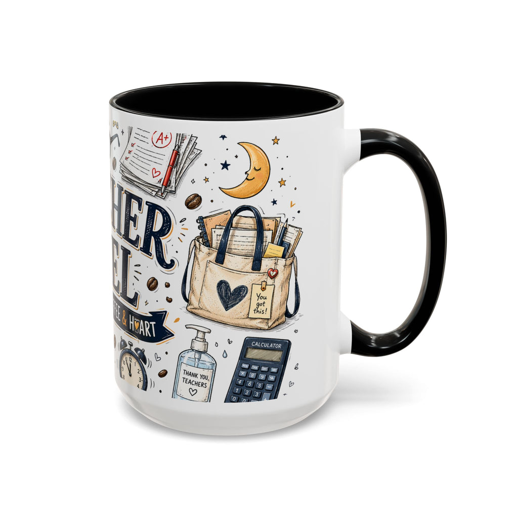 Teacher Fuel Coffee Mug | Powered by Coffee and Wine Funny Gift | Accent Color Ceramic 11oz 15oz