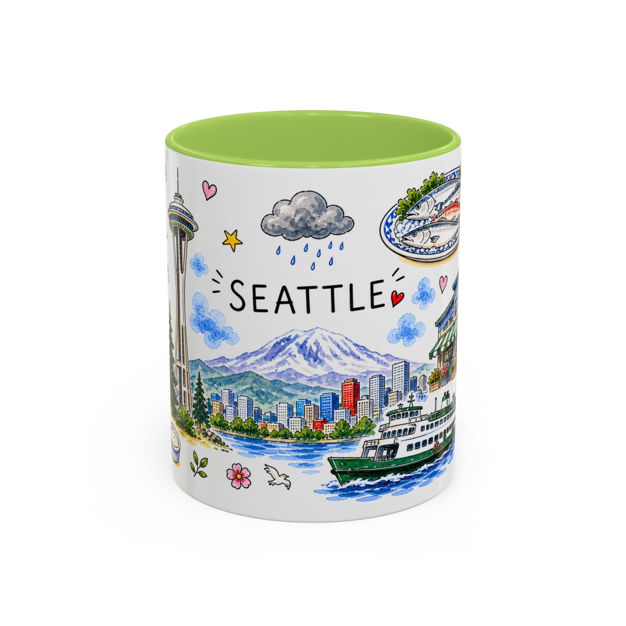 Seattle Illustrated Travel Mug | City Souvenir Accent Coffee Mug | 11oz 15oz Ceramic Cup