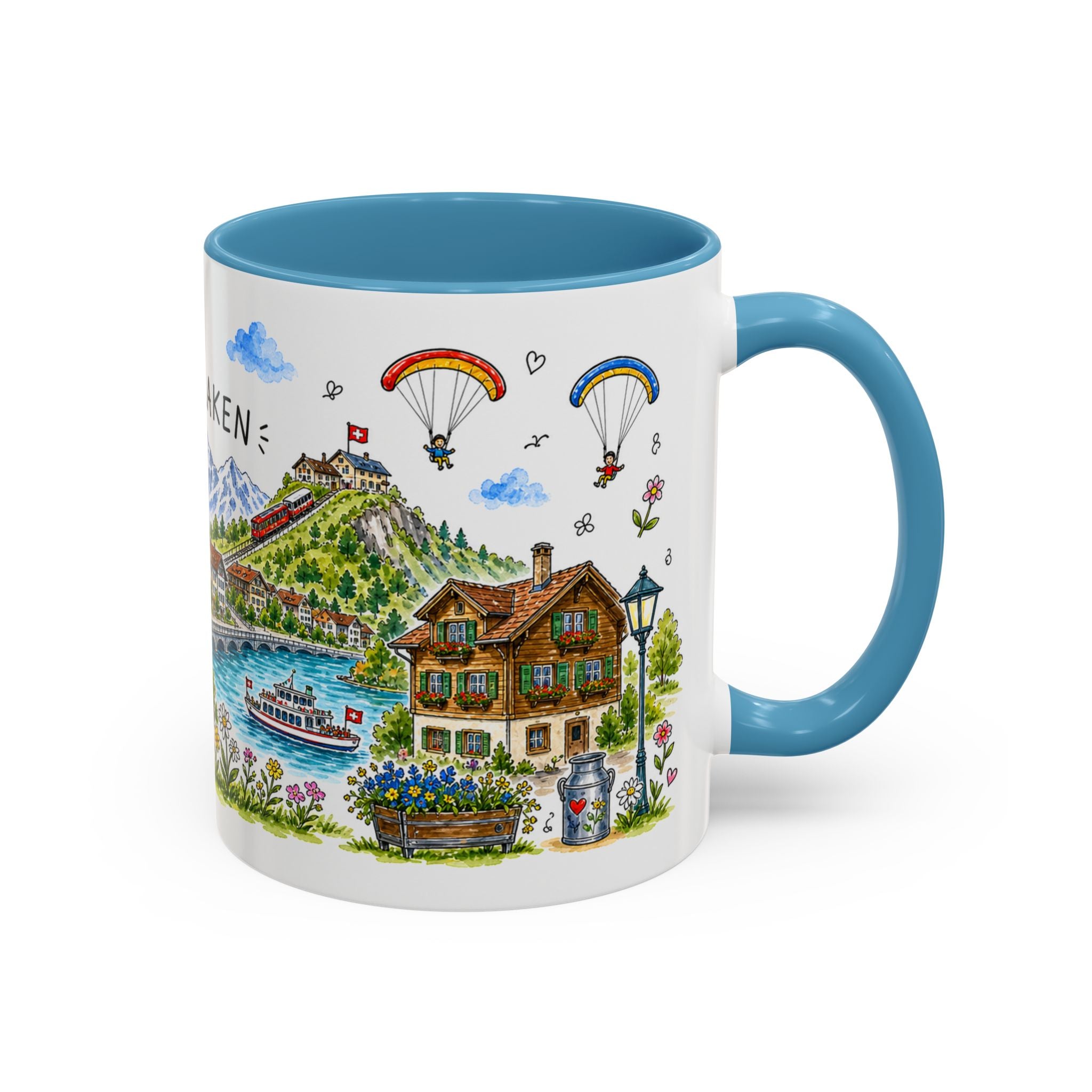 Interlaken Illustrated Travel Mug | Switzerland Souvenir Accent Coffee Mug | 11oz 15oz Ceramic Cup