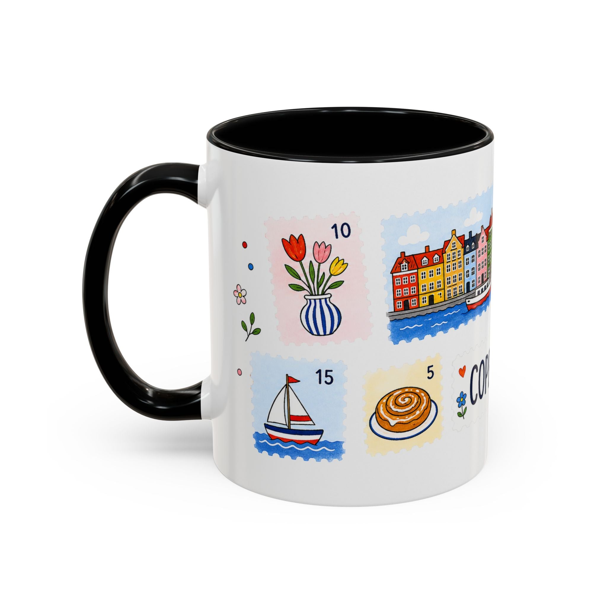 Copenhagen Coffee Mug | Postage Stamp Collage Mug | Travel Souvenir Accent Cup 11oz 15oz