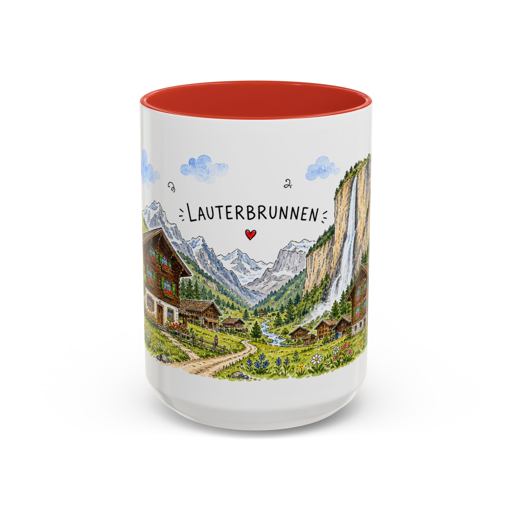 Lauterbrunnen Illustrated Travel Mug | Switzerland Souvenir Accent Coffee Mug | 11oz 15oz Ceramic Cup