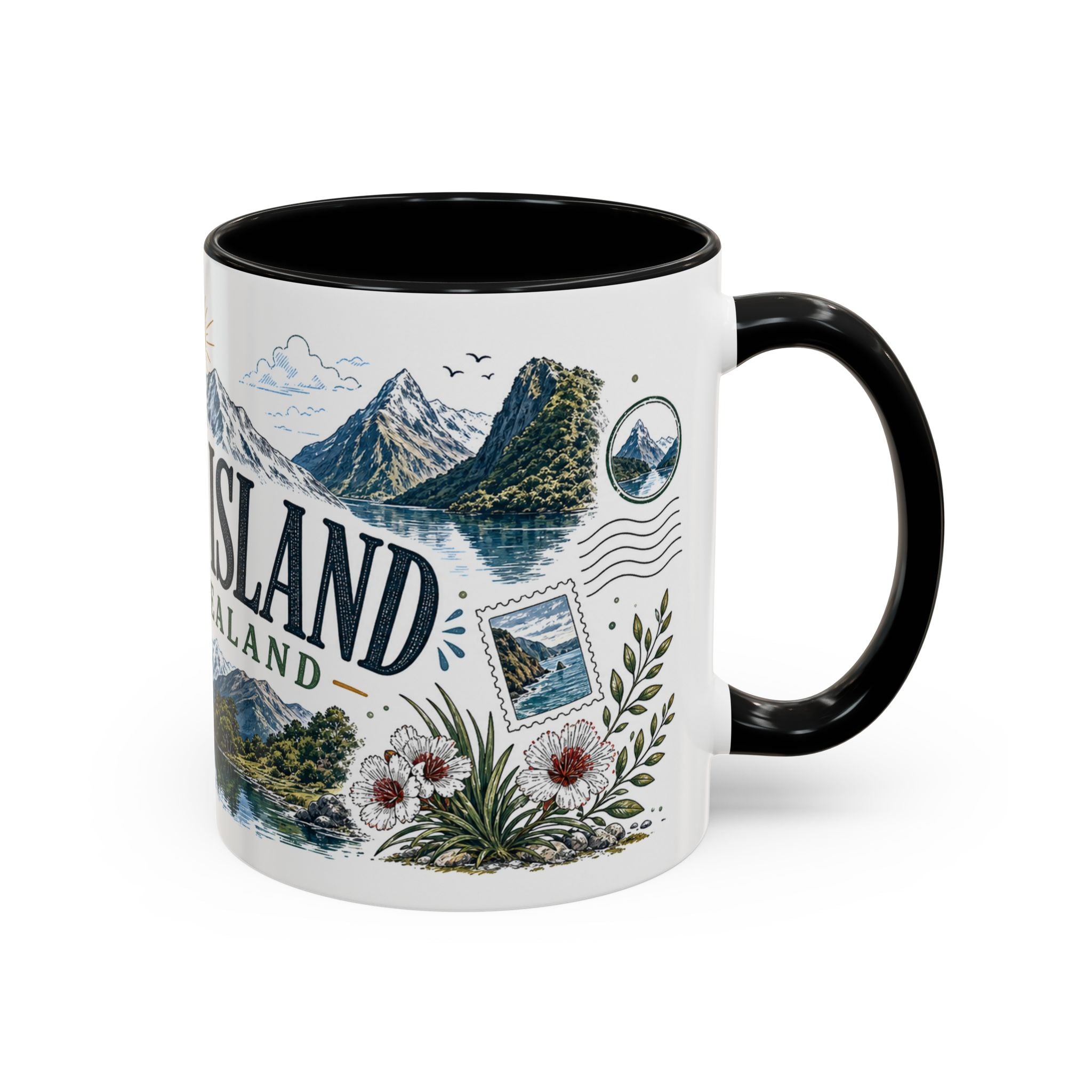 New Zealand South Island Coffee Mug | Travel Destination Souvenir Gift | Accent Color Ceramic 11oz 15oz