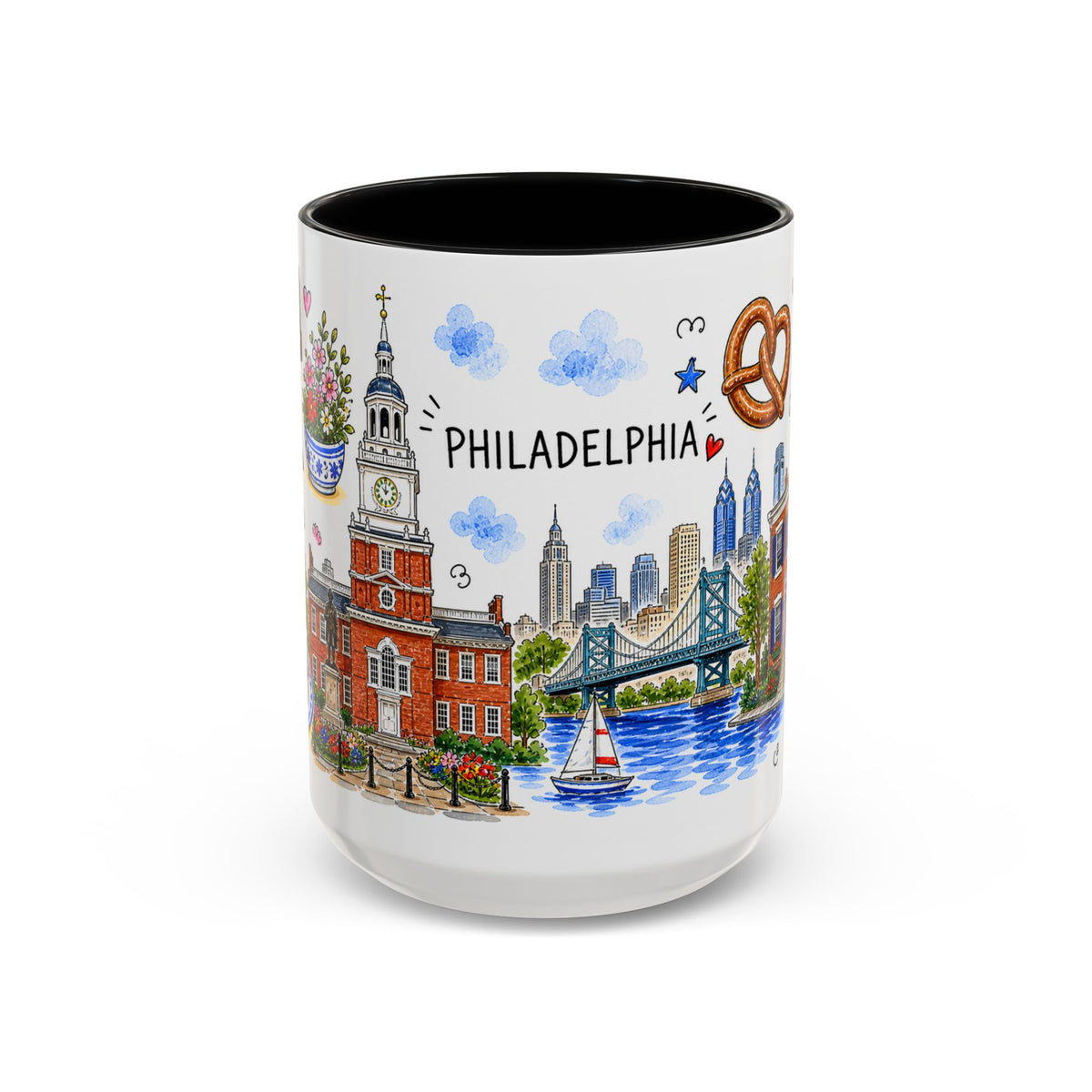 Philadelphia Illustrated Travel Mug | City Souvenir Accent Coffee Mug | 11oz 15oz Ceramic Cup