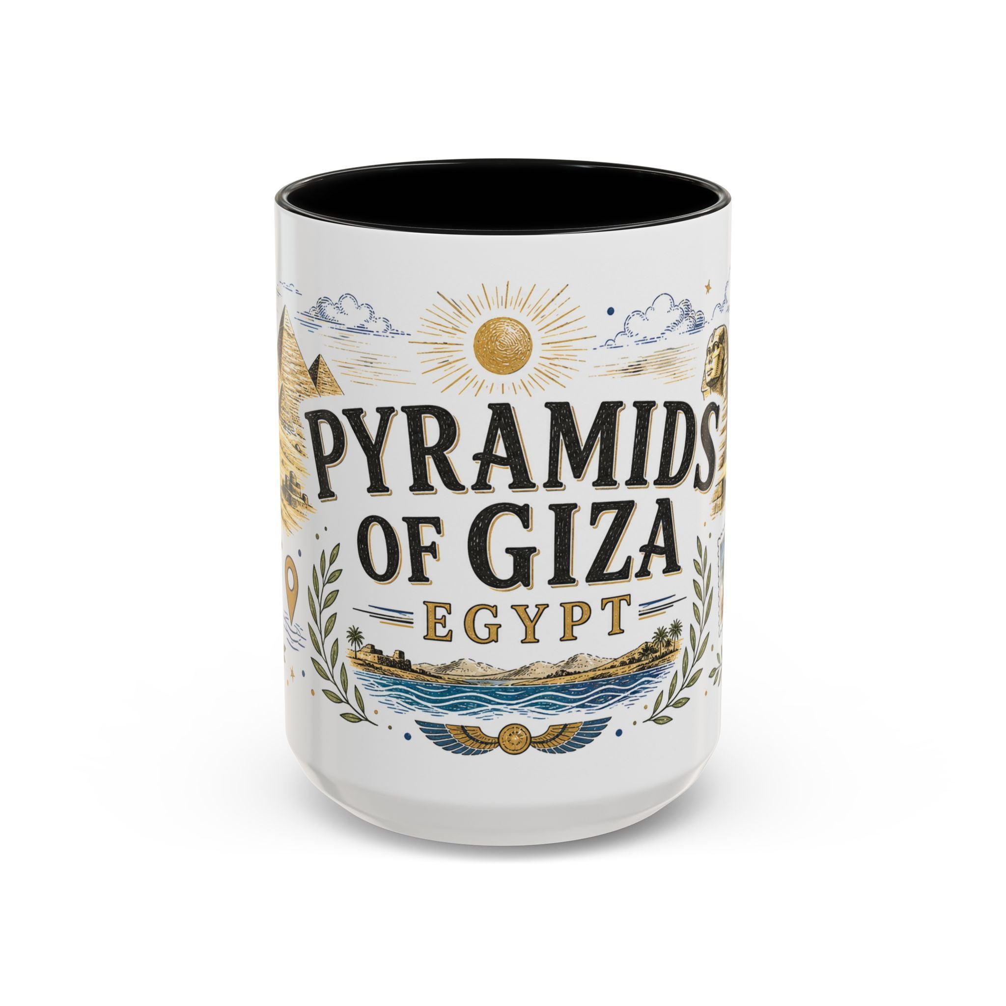 Pyramids of Giza Coffee Mug | Travel Destination Souvenir Gift | Accent Color Ceramic 11oz 15oz