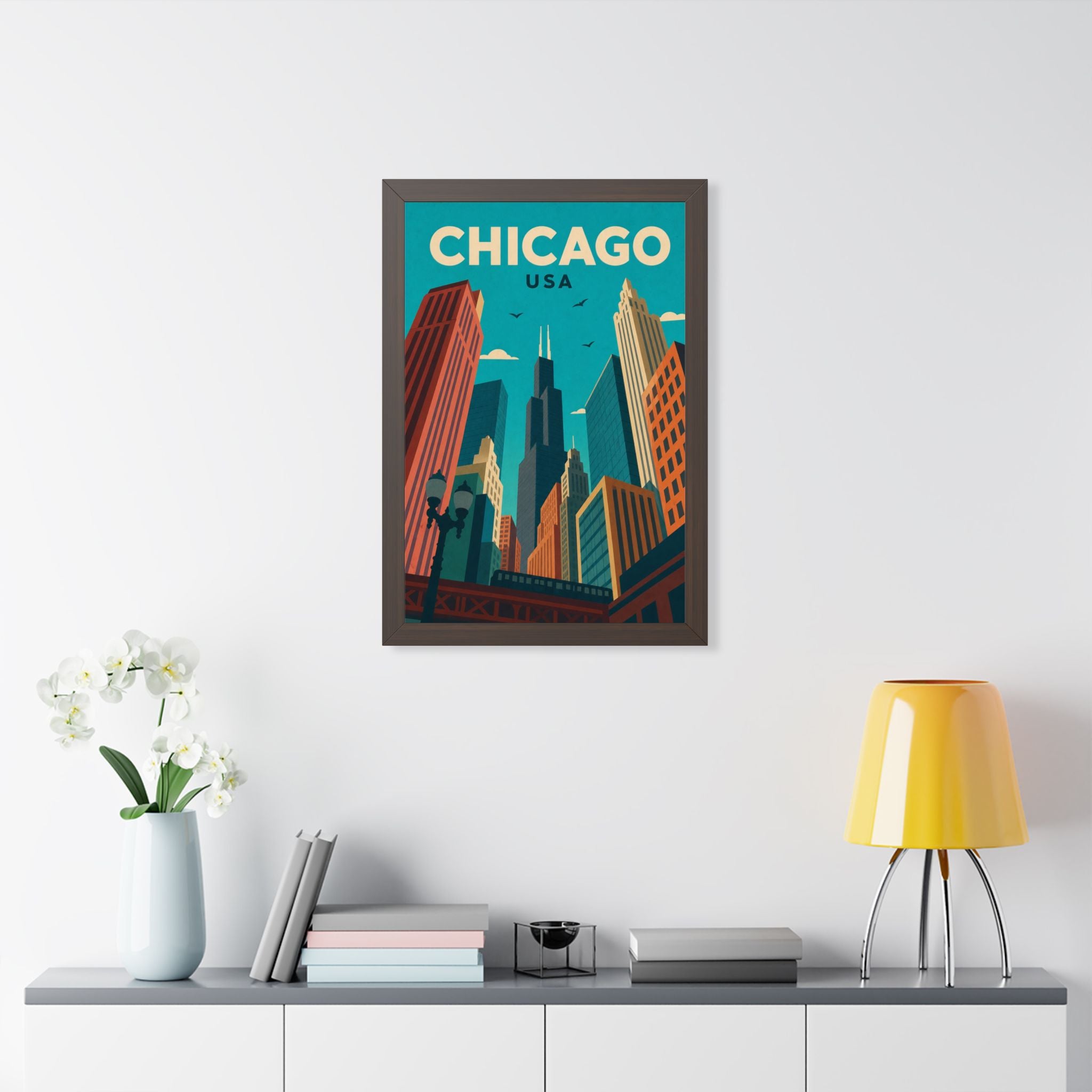 Chicago Downtown United States Framed Poster | Vintage Travel Wall Art | Black Walnut White Frame | 16x24 20x30