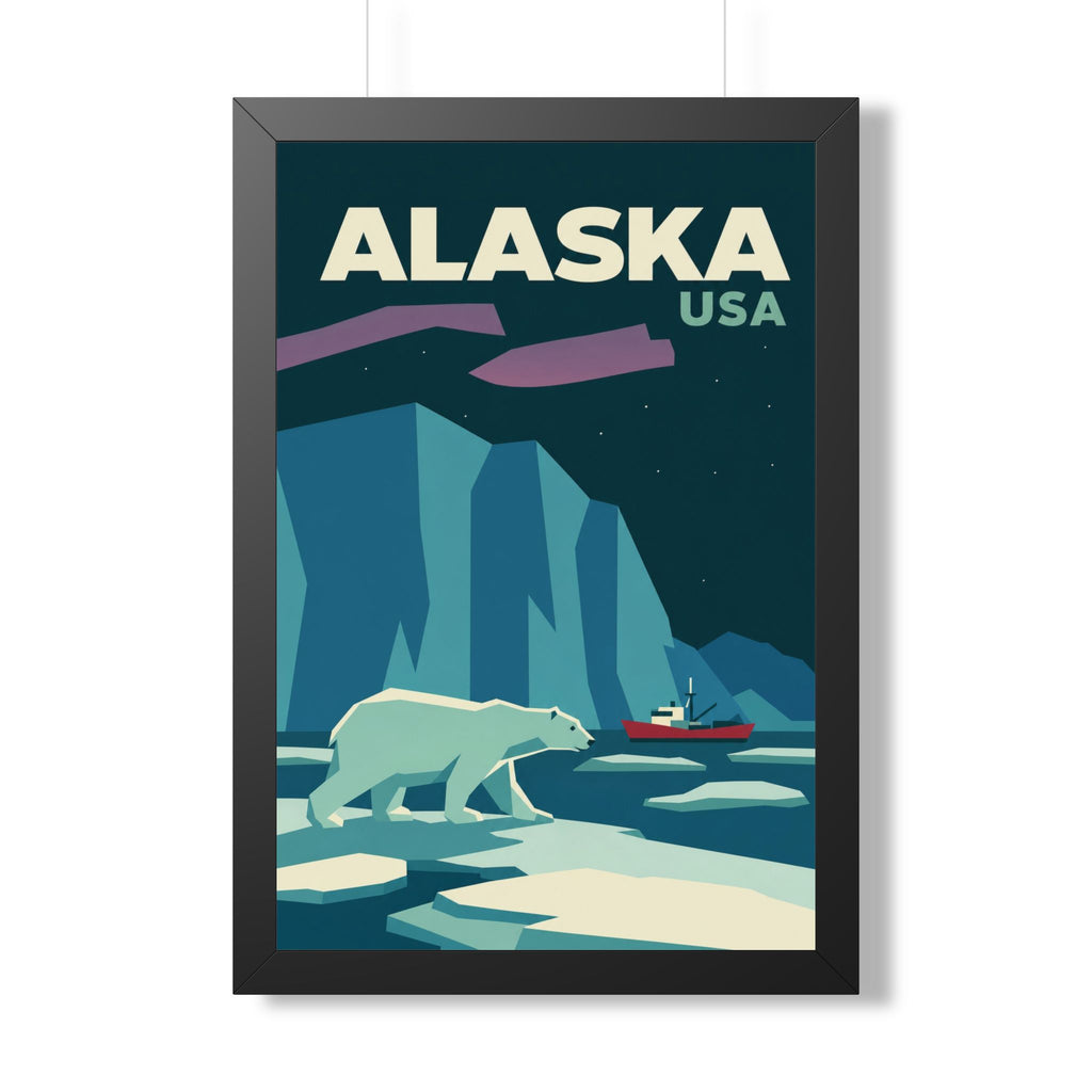 Alaska Polar Bear United States Framed Poster | Vintage Travel Wall Art | Black Walnut White Frame | 16x24 20x30