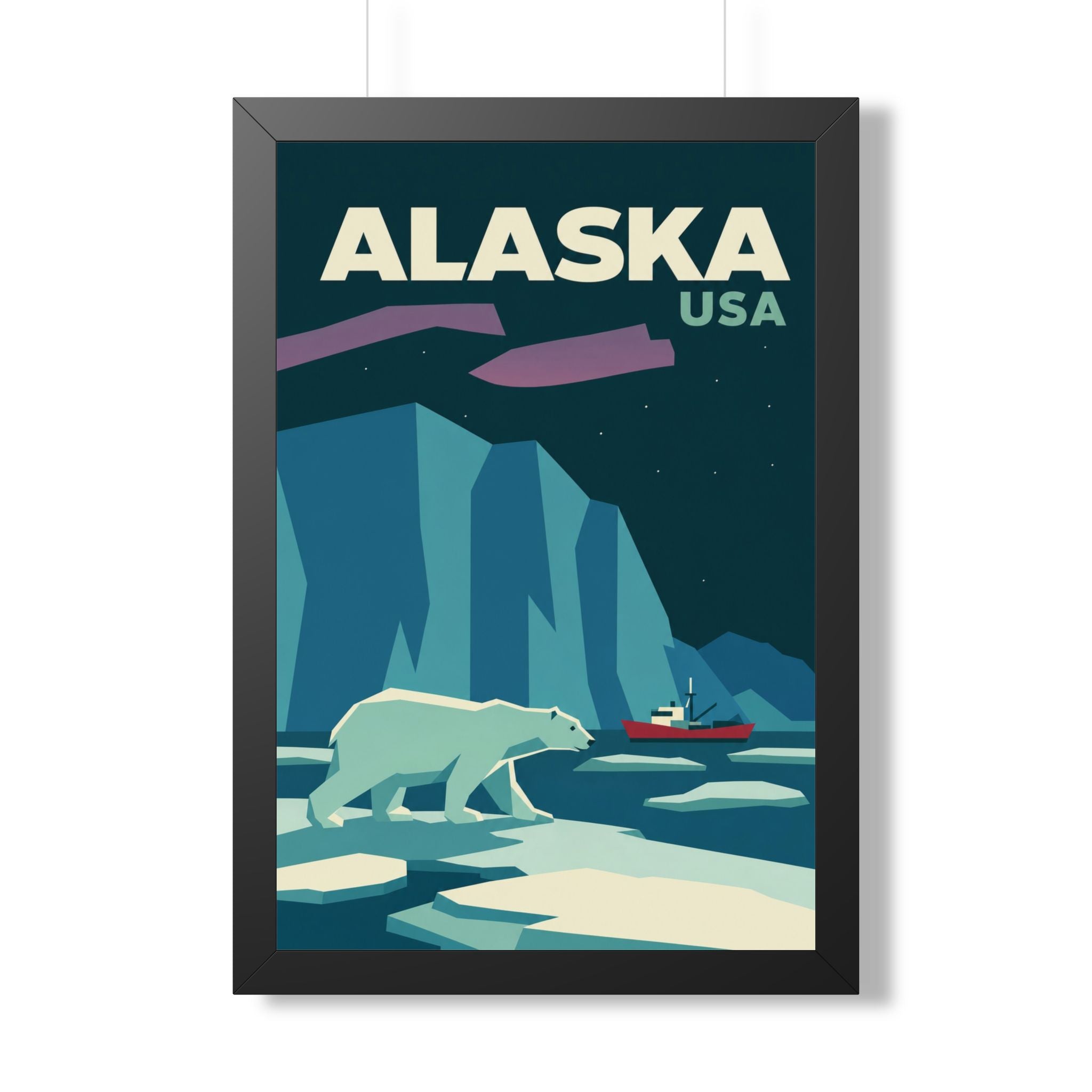 Alaska Polar Bear United States Framed Poster | Vintage Travel Wall Art | Black Walnut White Frame | 16x24 20x30