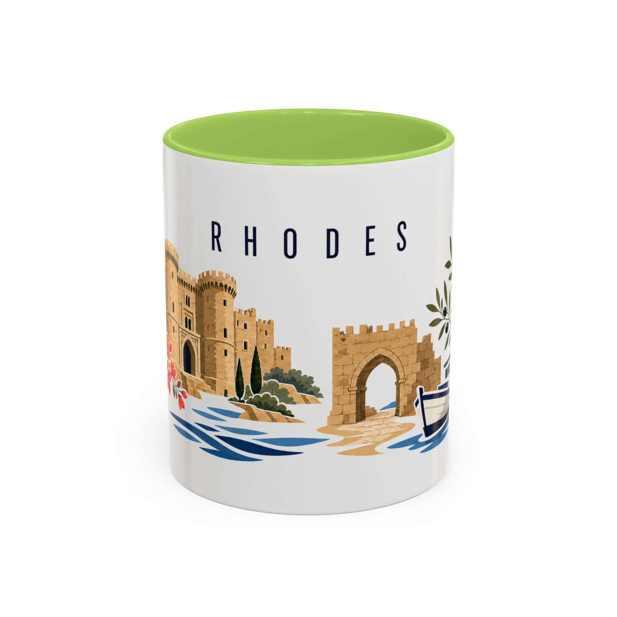 Rhodes Coffee Mug | Greece Travel Souvenir | Porcelain Decal City Gift | 11oz 15oz Accent Mug
