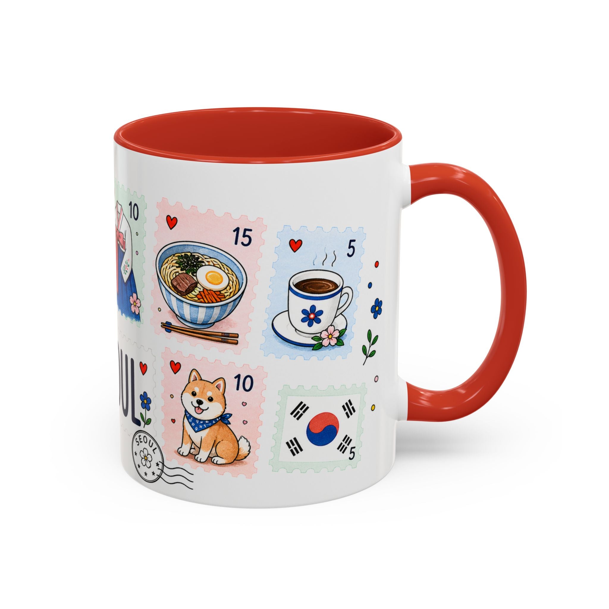 Seoul Coffee Mug | Postage Stamp Collage Mug | Travel Souvenir Accent Cup 11oz 15oz