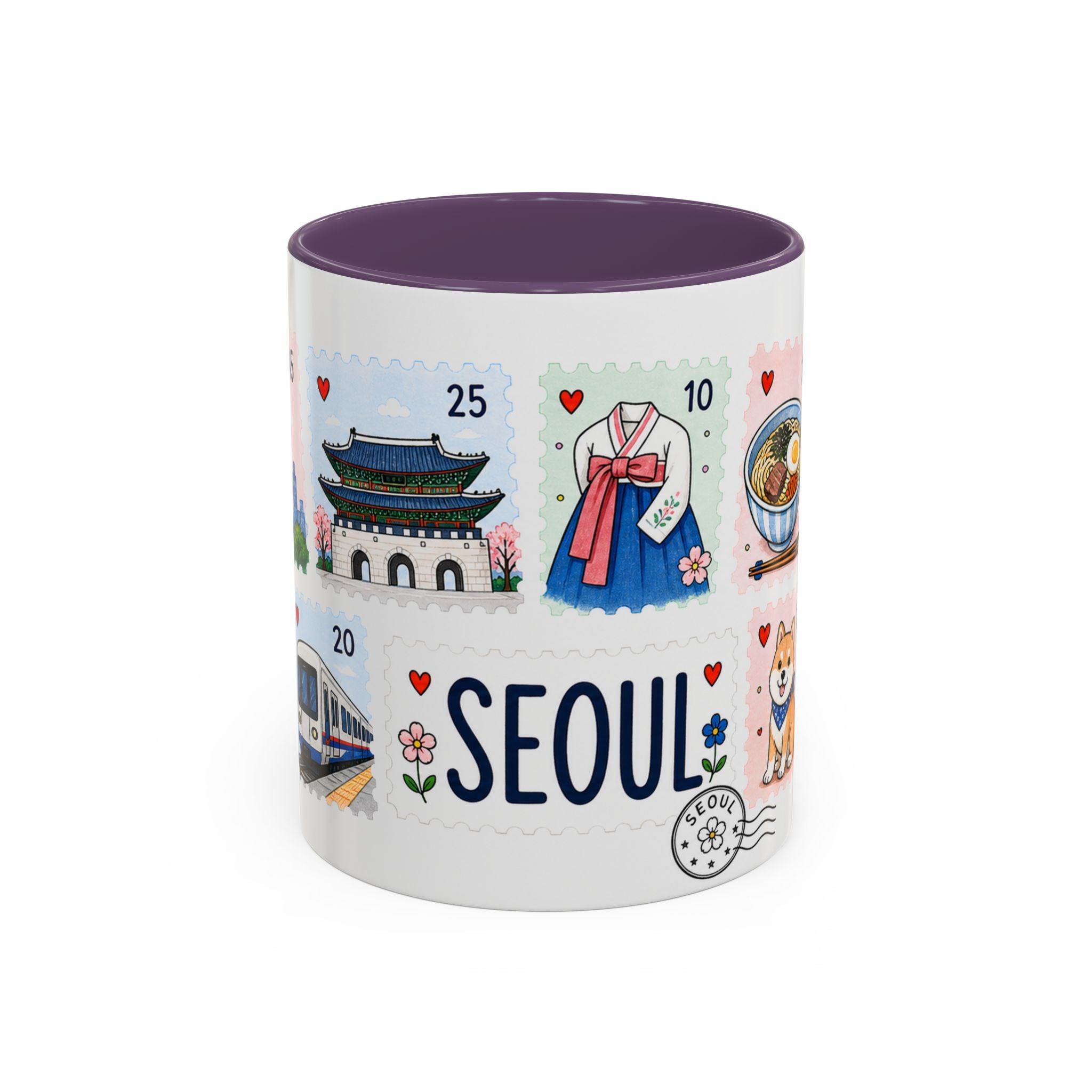 Seoul Coffee Mug | Postage Stamp Collage Mug | Travel Souvenir Accent Cup 11oz 15oz