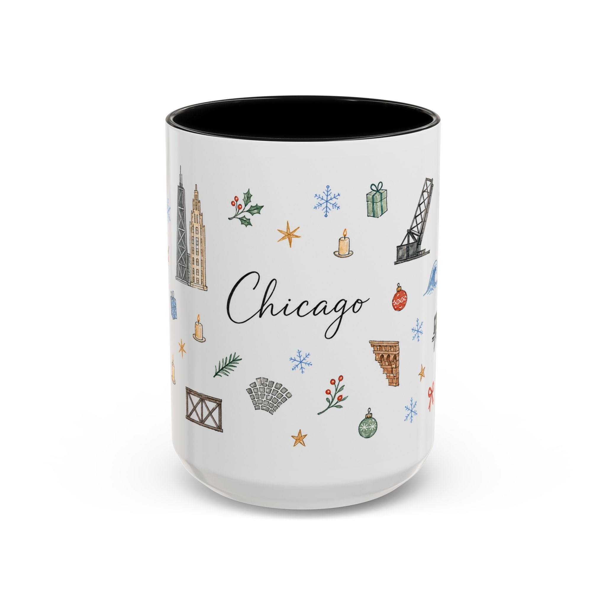 Chicago Christmas Mug | Watercolor Travel Souvenir | Holiday Gift | Accent Ceramic Coffee Cup 11oz 15oz