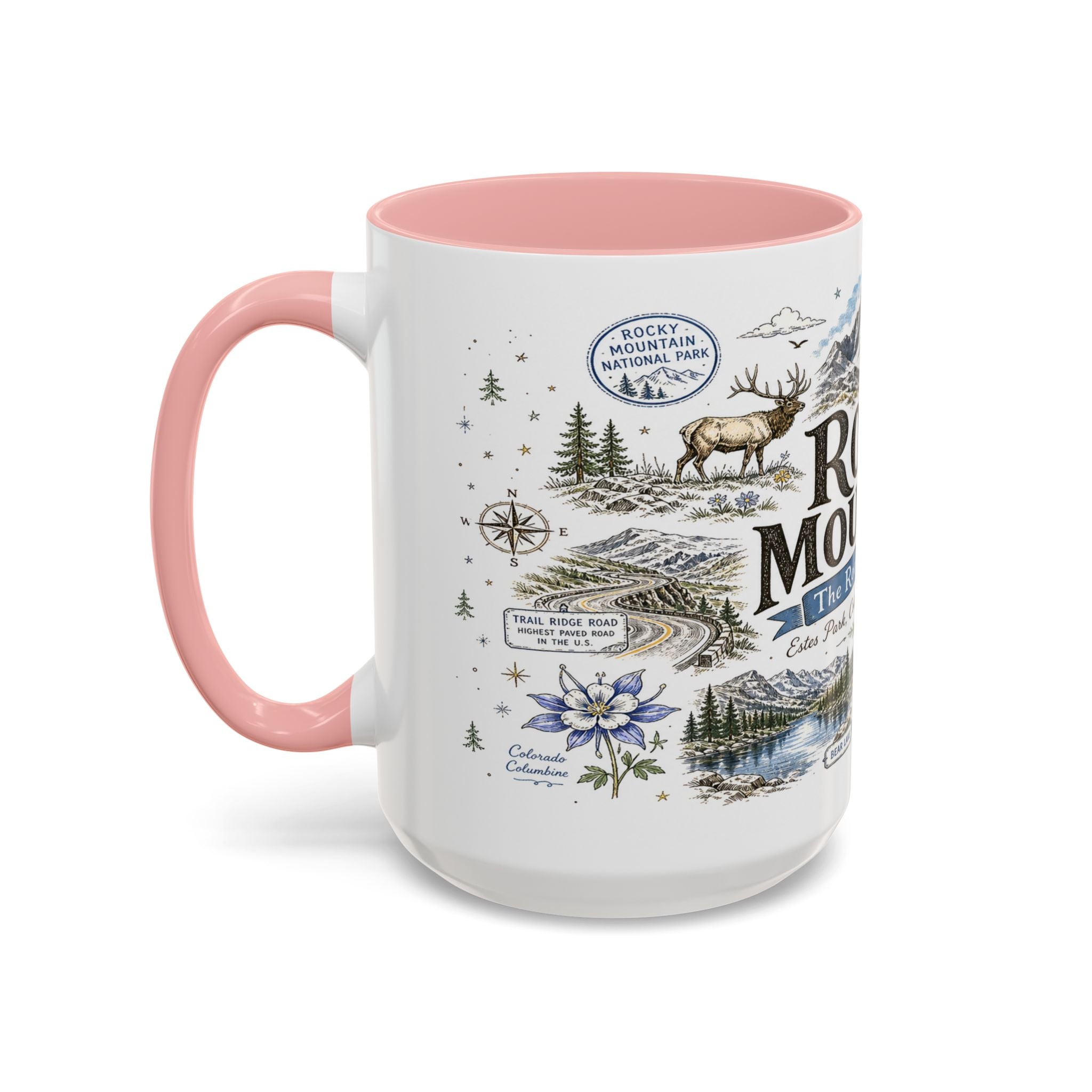 Rocky Mountain Coffee Mug | National Park Hiking Camping Gift | Accent Color Ceramic 11oz 15oz