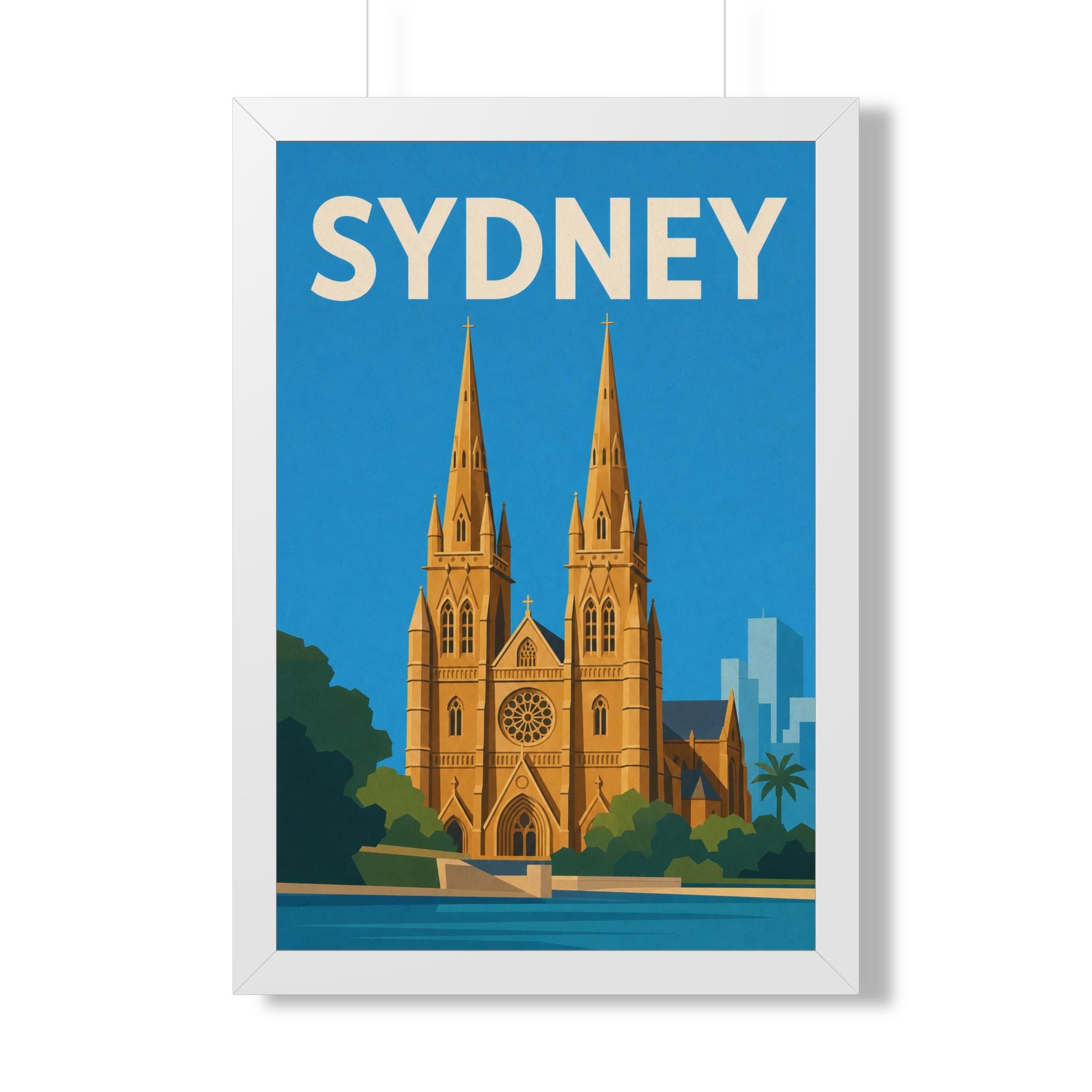 Sydney Cathedral Australia Framed Poster | Vintage Travel Wall Art | Black Walnut White Frame | 16x24 20x30