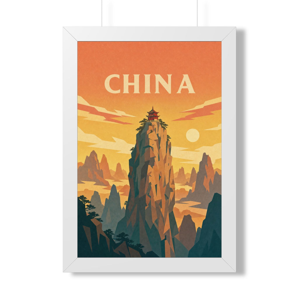 China Mountain Temple China Framed Poster | Vintage Travel Wall Art | Black Walnut White Frame | 16x24 20x30