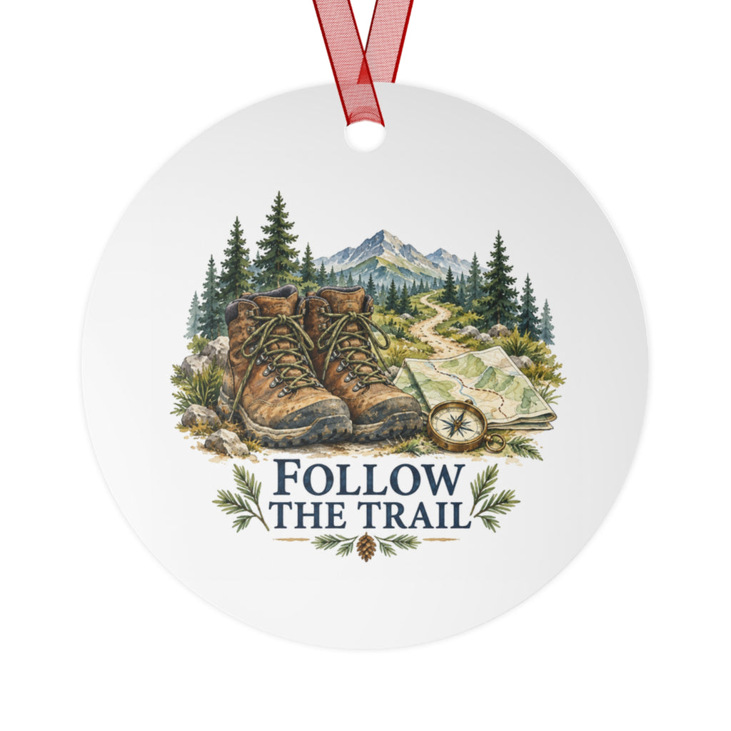 Front view of a round aluminum ornament with hiking artwork.