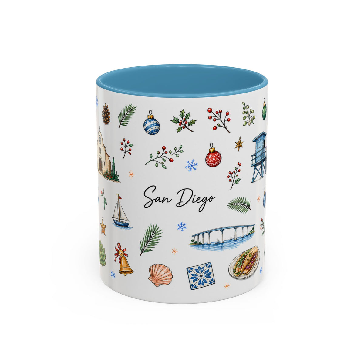 San Diego Christmas Mug | Watercolor City Souvenir, Holiday Travel Gift (11oz/15oz)