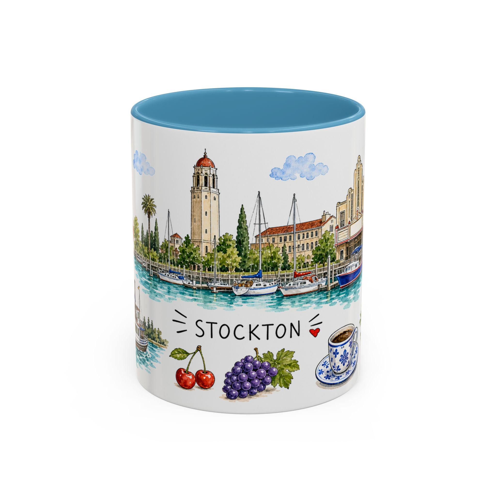 Stockton Illustrated Travel Mug | City Souvenir Accent Coffee Mug | 11oz 15oz Ceramic Cup