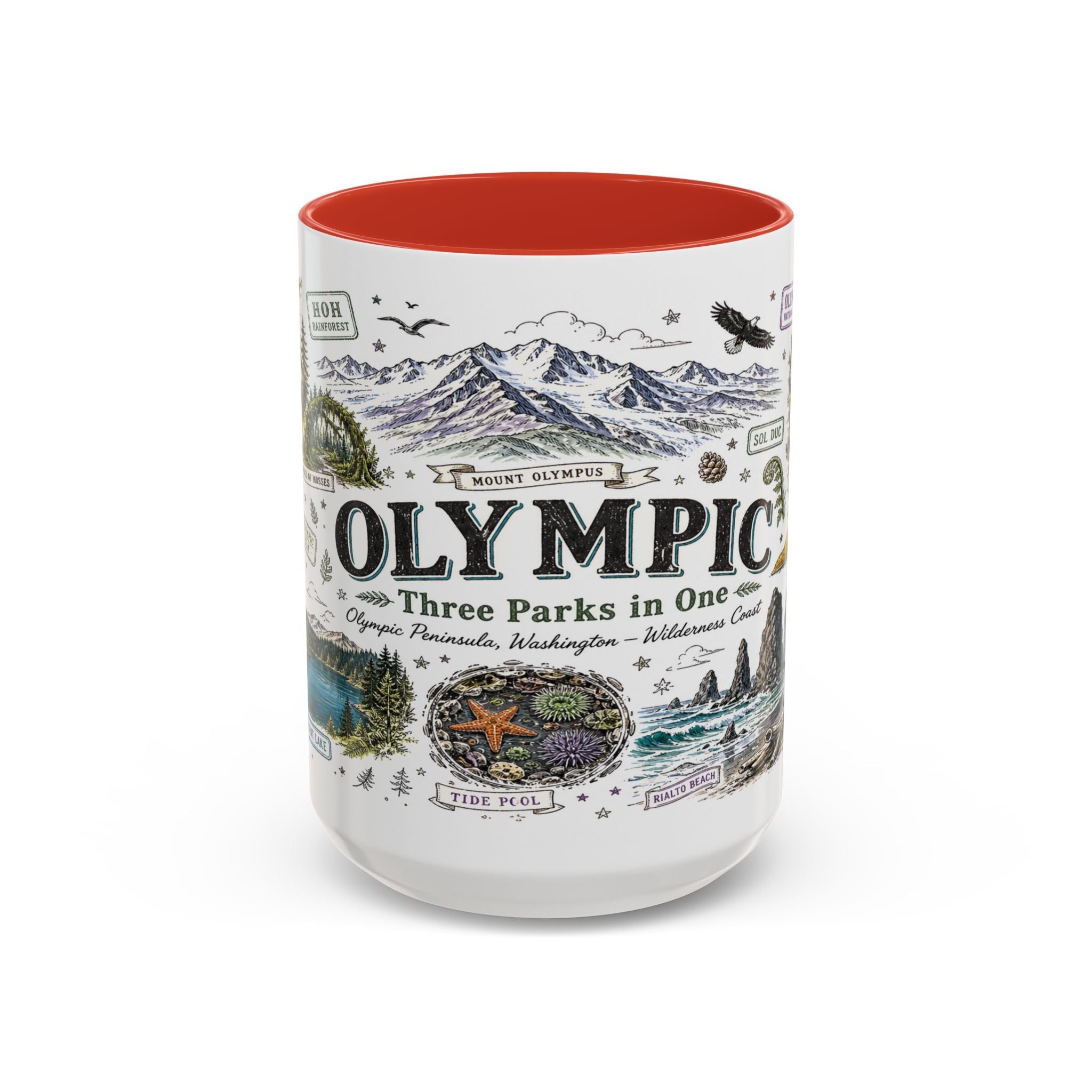 Olympic Coffee Mug | National Park Hiking Rainforest Gift | Accent Color Ceramic 11oz 15oz