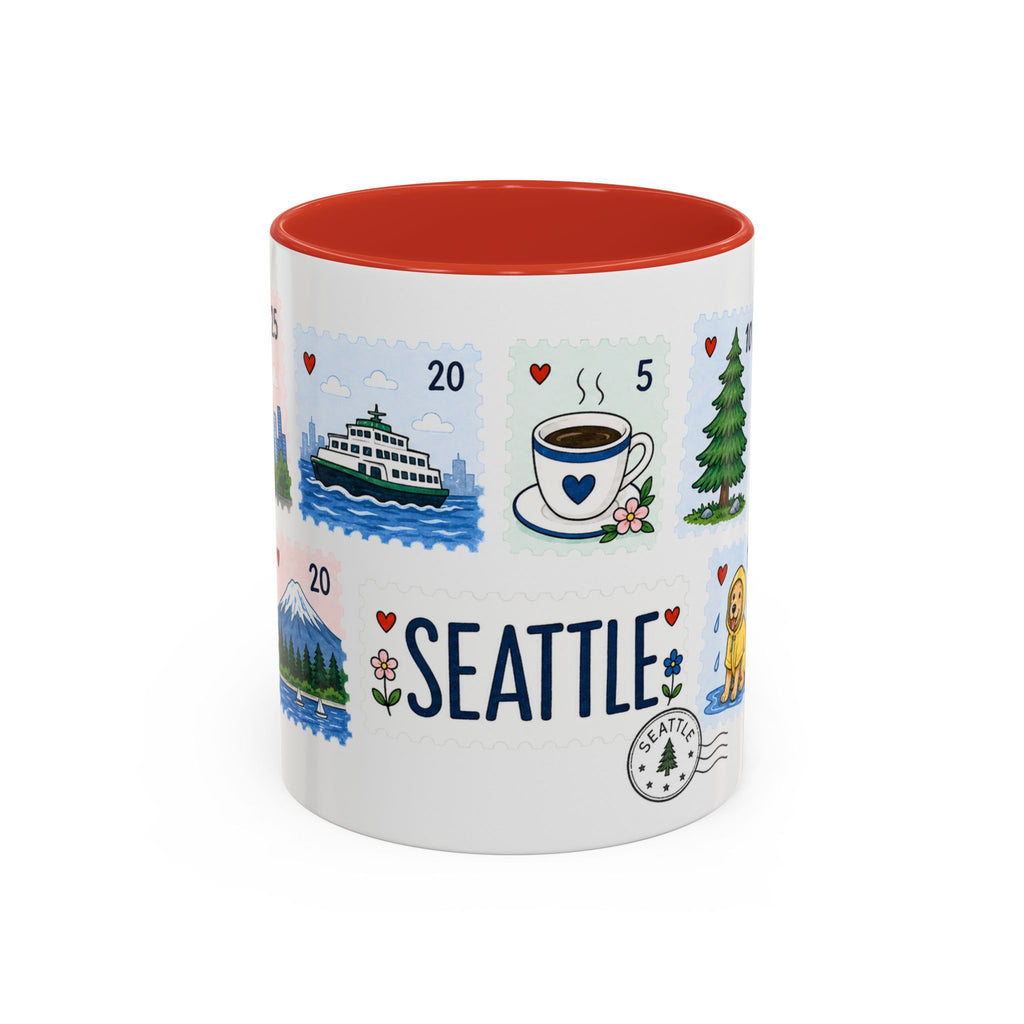 Seattle Coffee Mug | Postage Stamp Collage Mug | Travel Souvenir Accent Cup 11oz 15oz