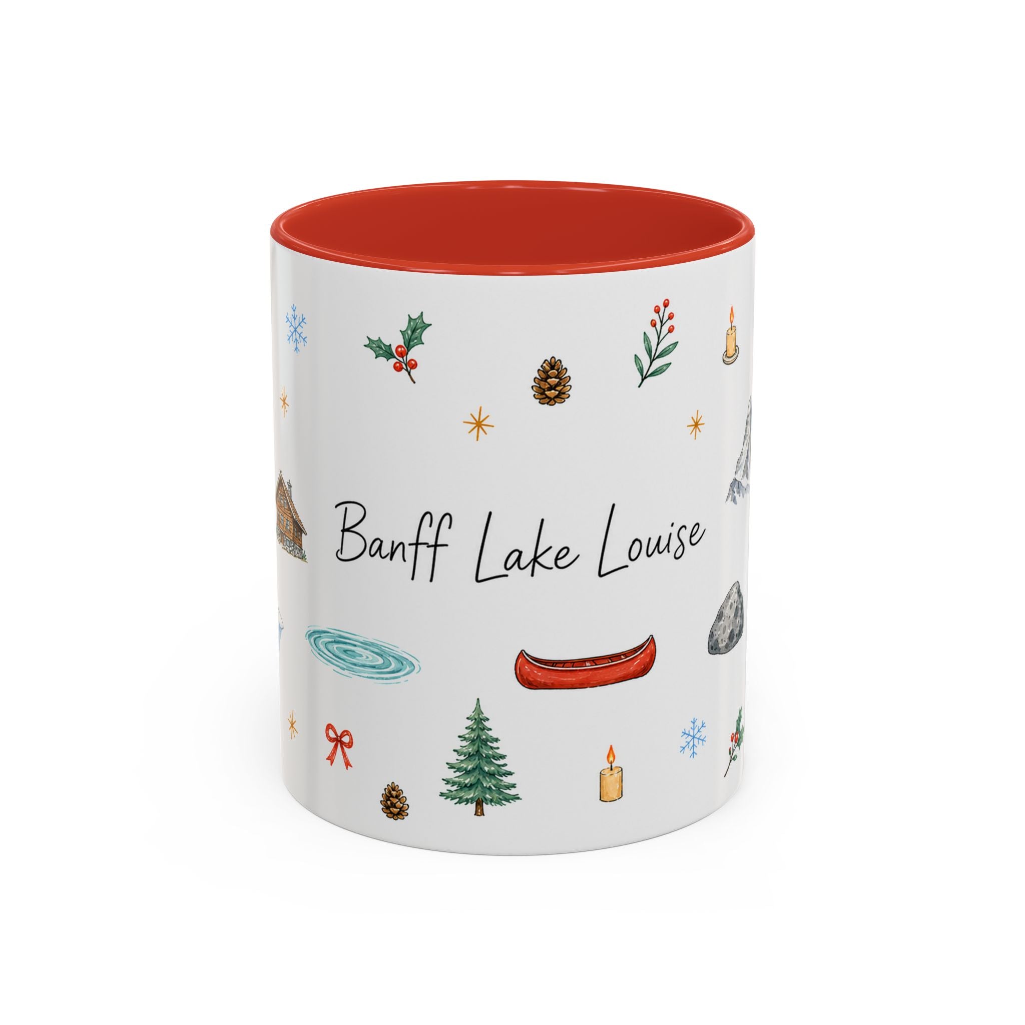 Banff Lake Louise Christmas Mug | Watercolor Travel Souvenir | Holiday Gift | Accent Ceramic Coffee Cup 11oz 15oz