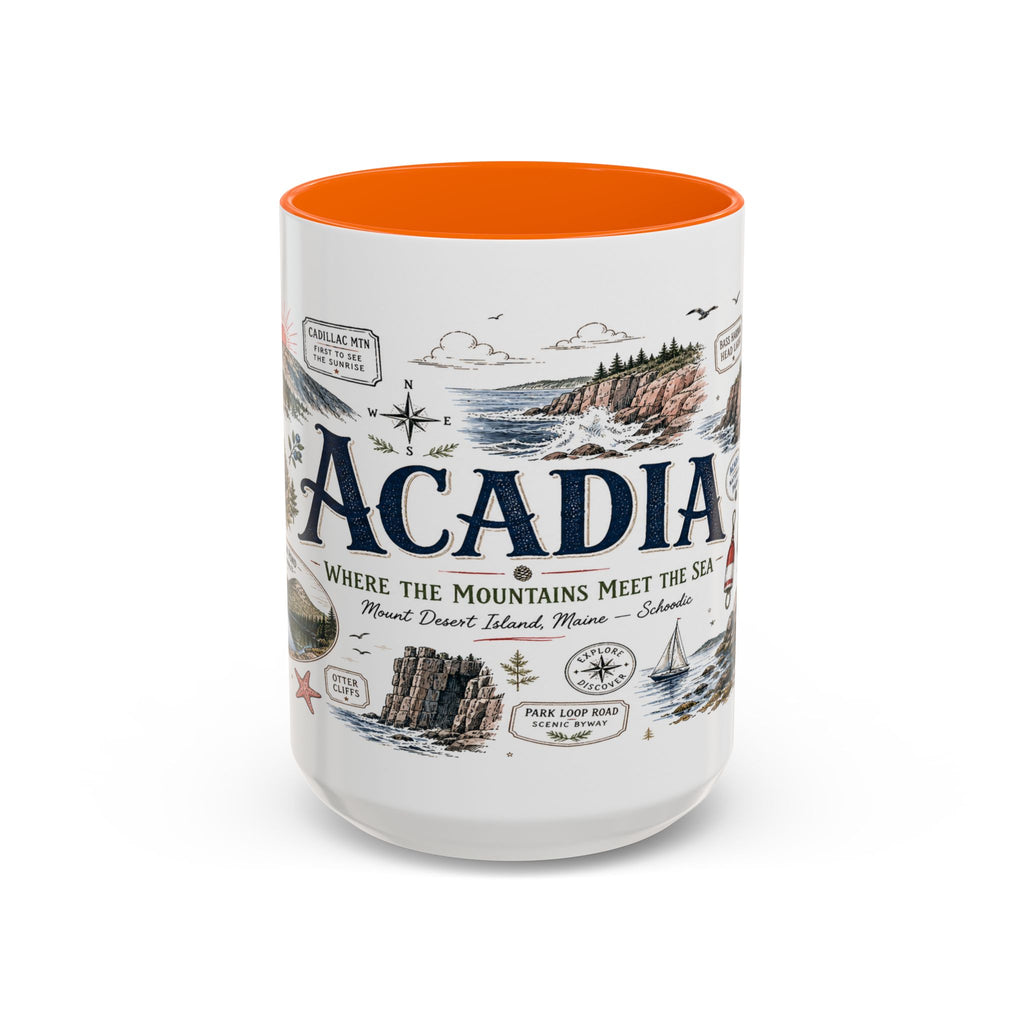 Acadia Coffee Mug | National Park Hiking Coastal Gift | Accent Color Ceramic 11oz 15oz