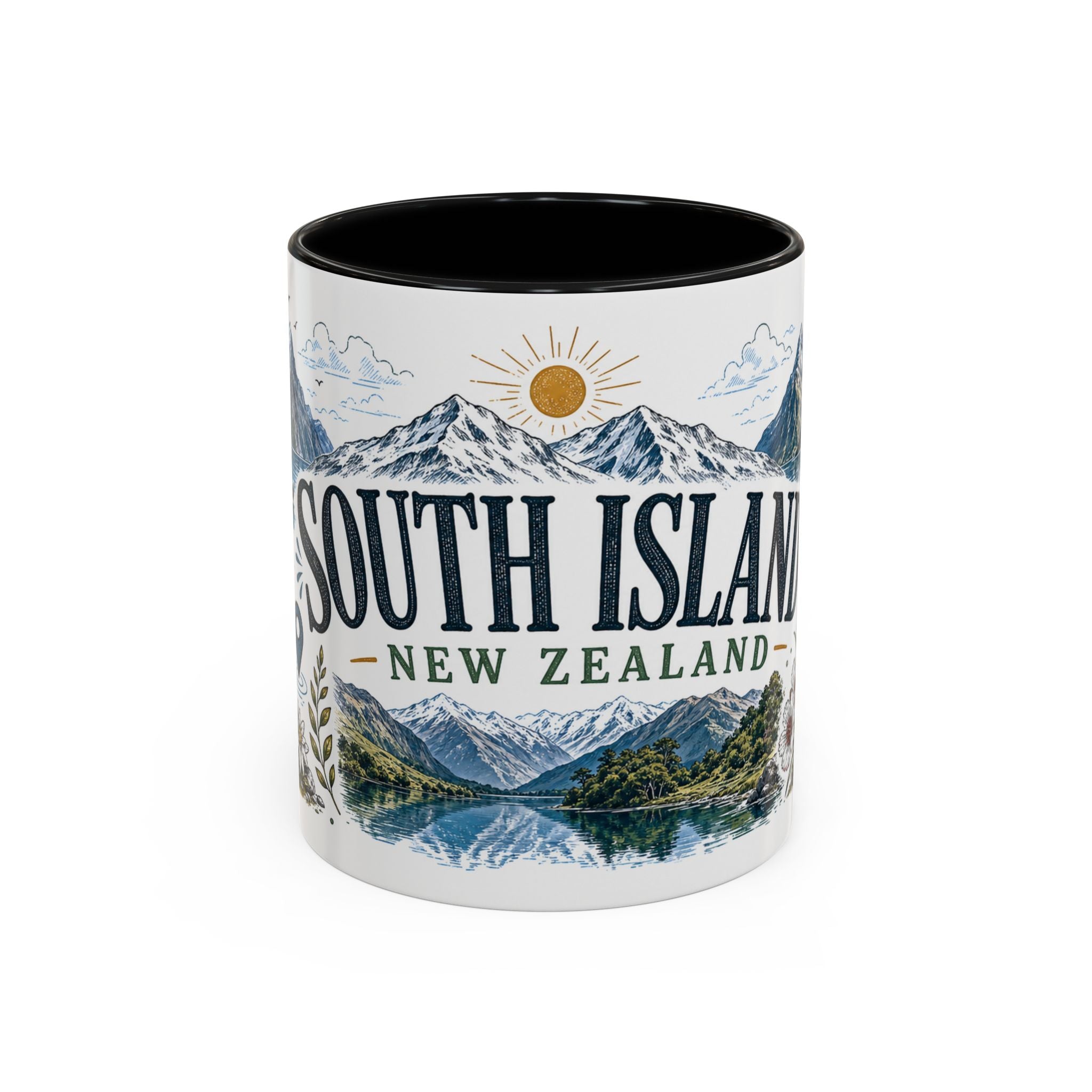 New Zealand South Island Coffee Mug | Travel Destination Souvenir Gift | Accent Color Ceramic 11oz 15oz
