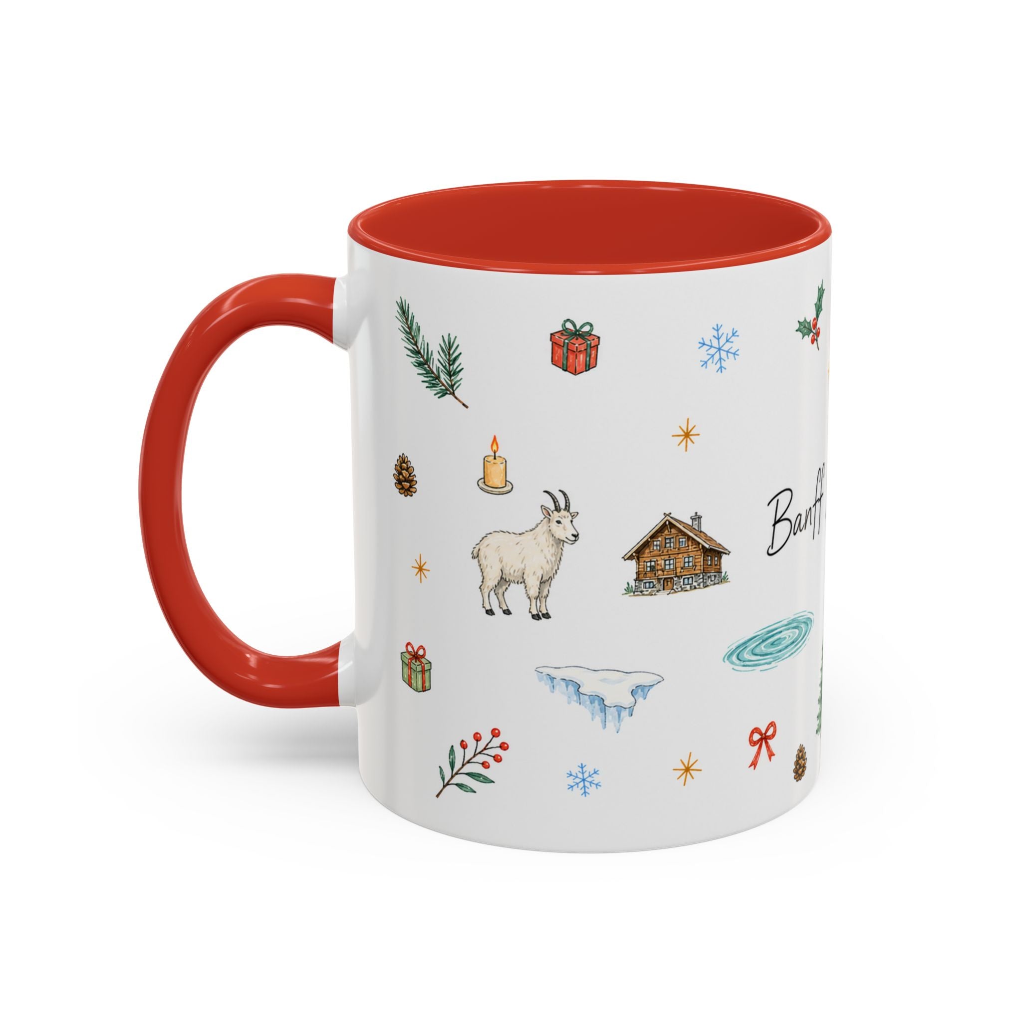 Banff Lake Louise Christmas Mug | Watercolor Travel Souvenir | Holiday Gift | Accent Ceramic Coffee Cup 11oz 15oz