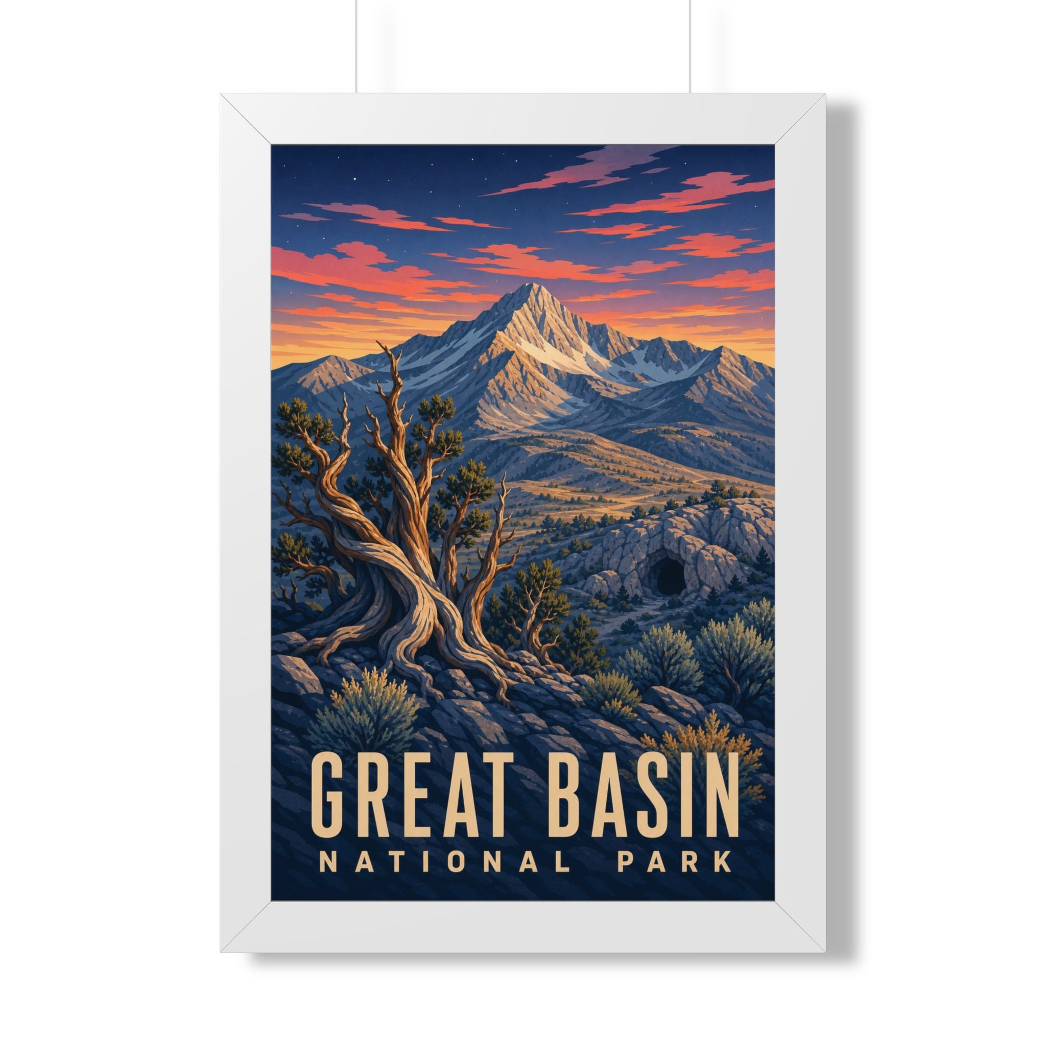 Great Basin National Park Framed Poster | Vintage Travel Wall Art | Black Walnut White Frame | 16x24 20x30
