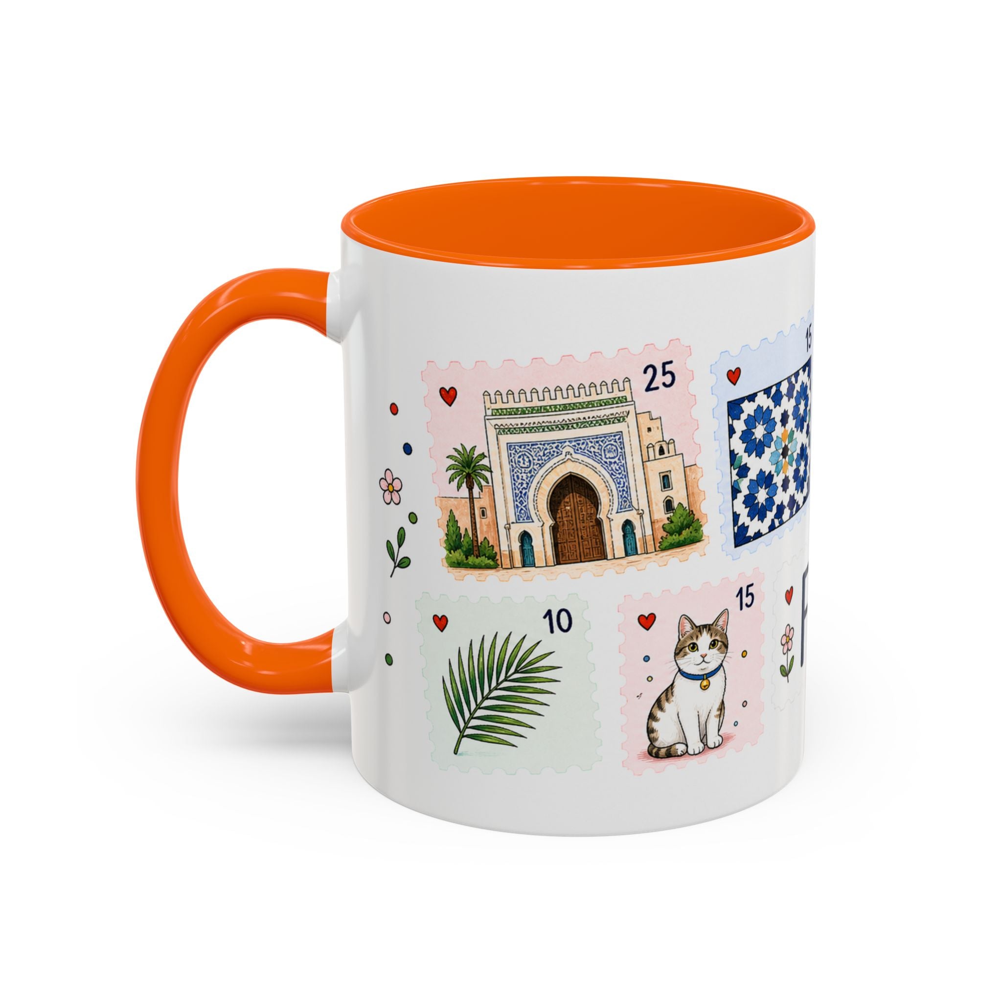 Fez Coffee Mug | Postage Stamp Collage Mug | Travel Souvenir Accent Cup 11oz 15oz