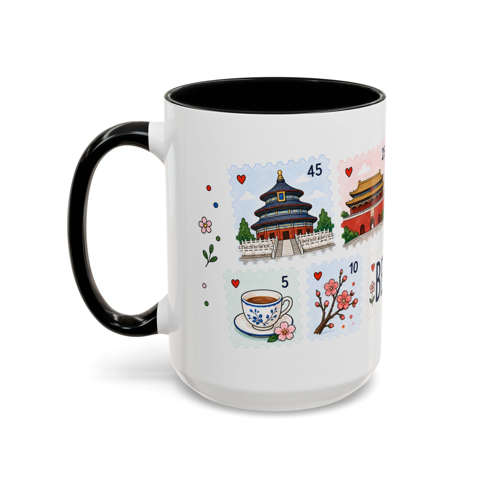 Beijing Coffee Mug | Postage Stamp Collage Mug | Travel Souvenir Accent Cup 11oz 15oz