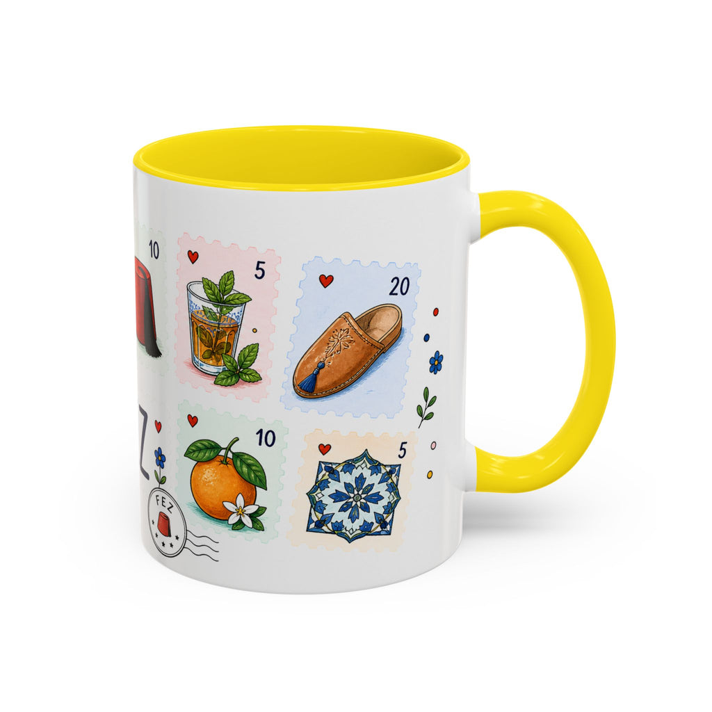 Fez Coffee Mug | Postage Stamp Collage Mug | Travel Souvenir Accent Cup 11oz 15oz