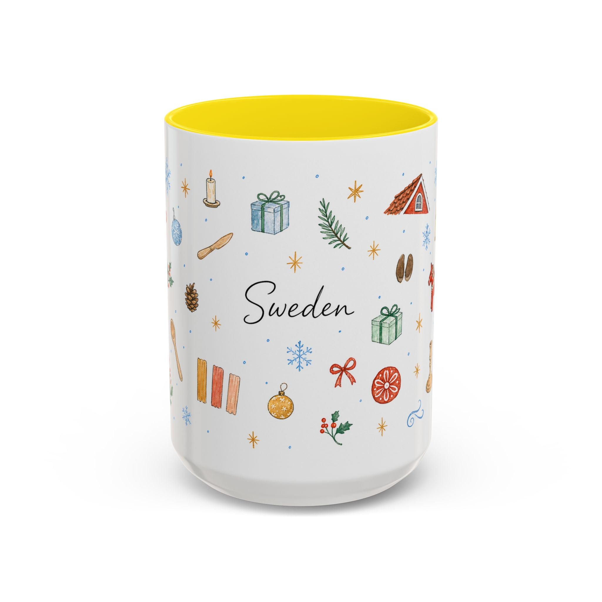 Sweden Christmas Mug | Watercolor Travel Souvenir | Holiday Gift | Accent Ceramic Coffee Cup 11oz 15oz