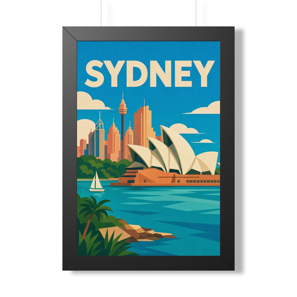 Sydney Opera House Australia Framed Poster | Vintage Travel Wall Art | Black Walnut White Frame | 16x24 20x30