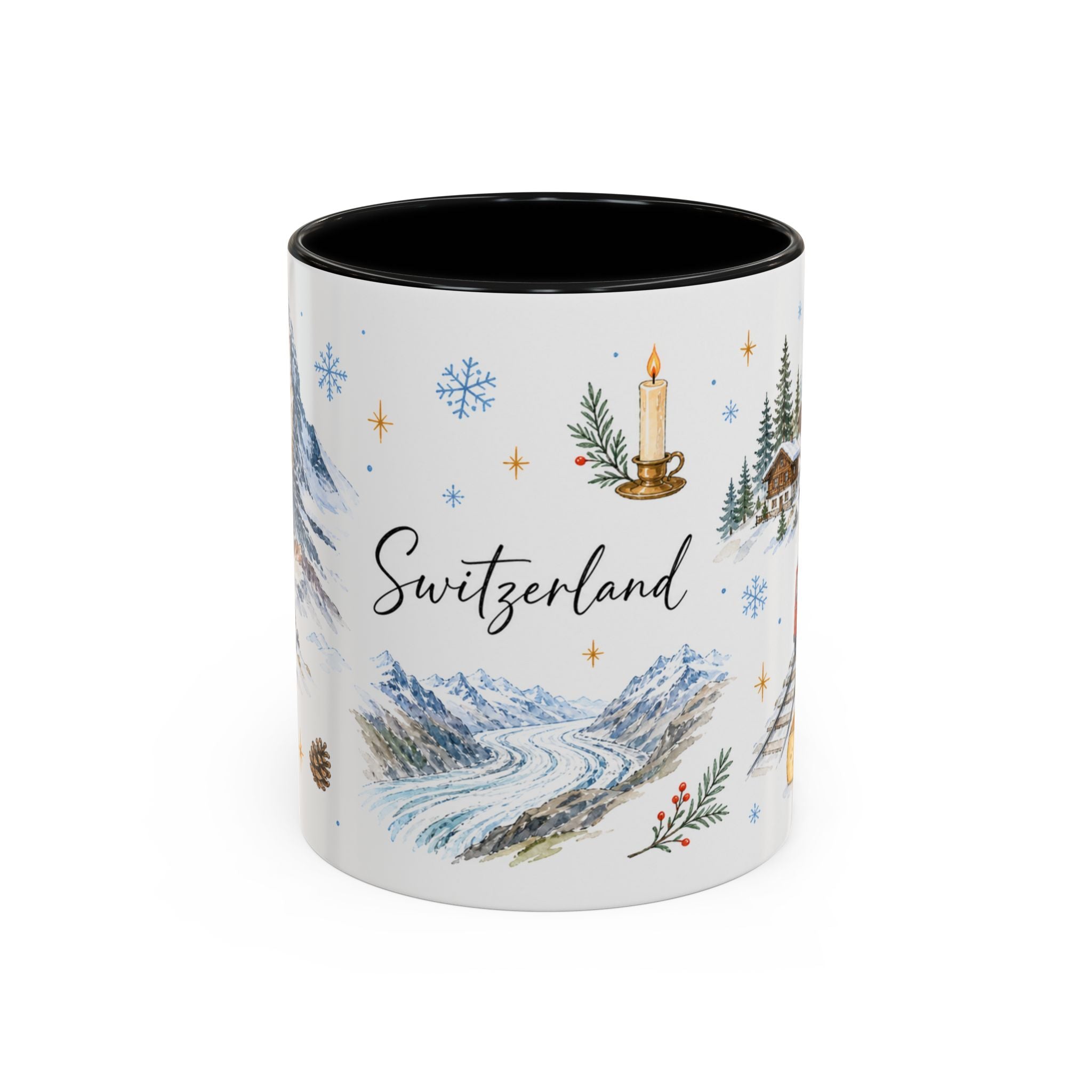 Switzerland Christmas Mug | Watercolor Travel Souvenir | Holiday Gift | Accent Ceramic Coffee Cup 11oz 15oz