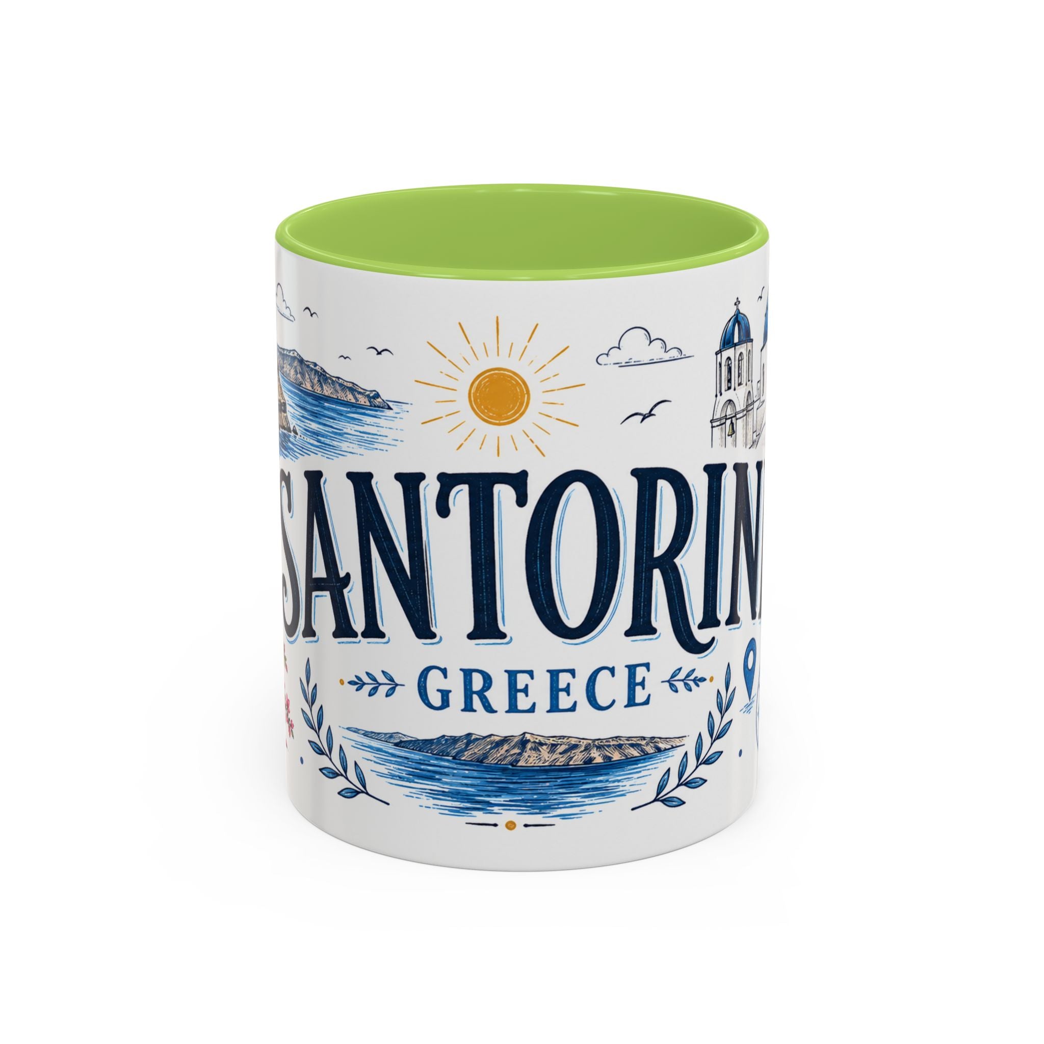 Santorini Coffee Mug | Travel Destination Souvenir Gift | Accent Color Ceramic 11oz 15oz