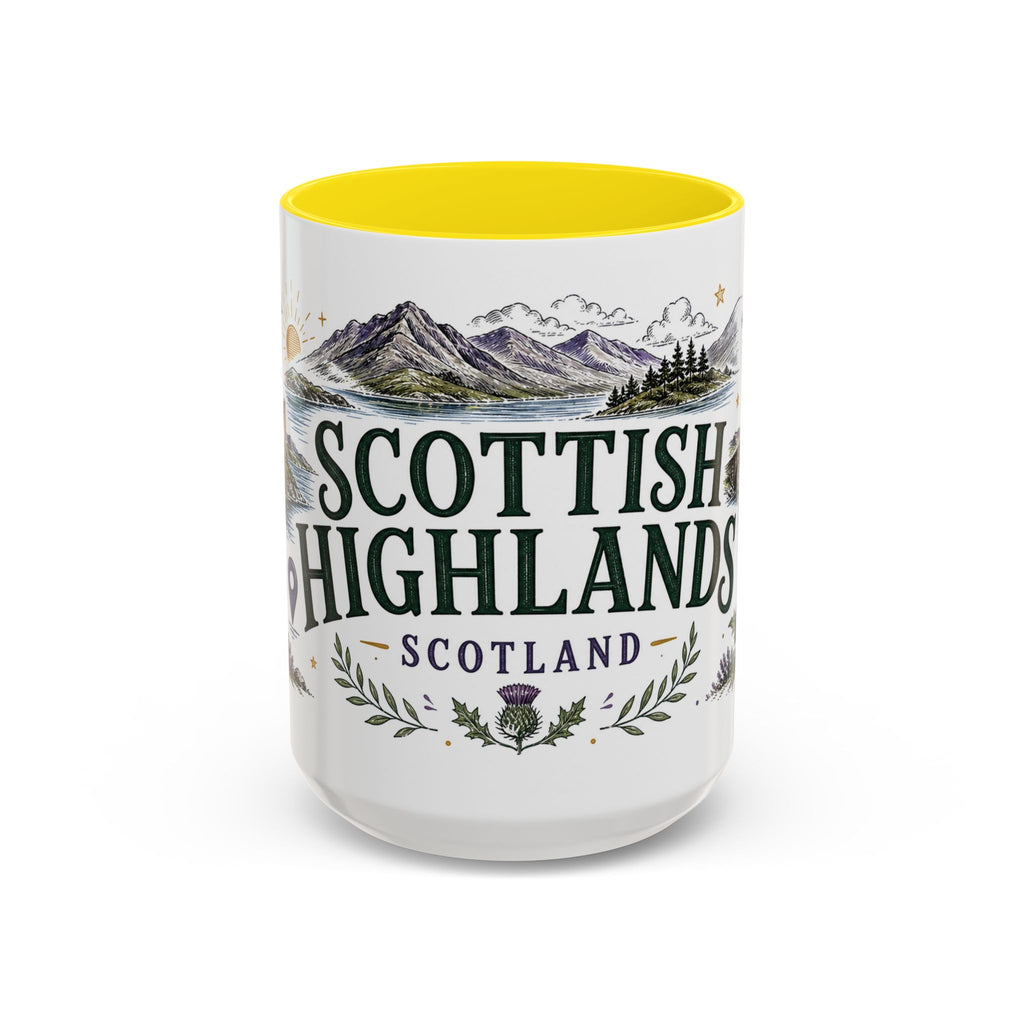 Scottish Highlands Coffee Mug | Travel Destination Souvenir Gift | Accent Color Ceramic 11oz 15oz