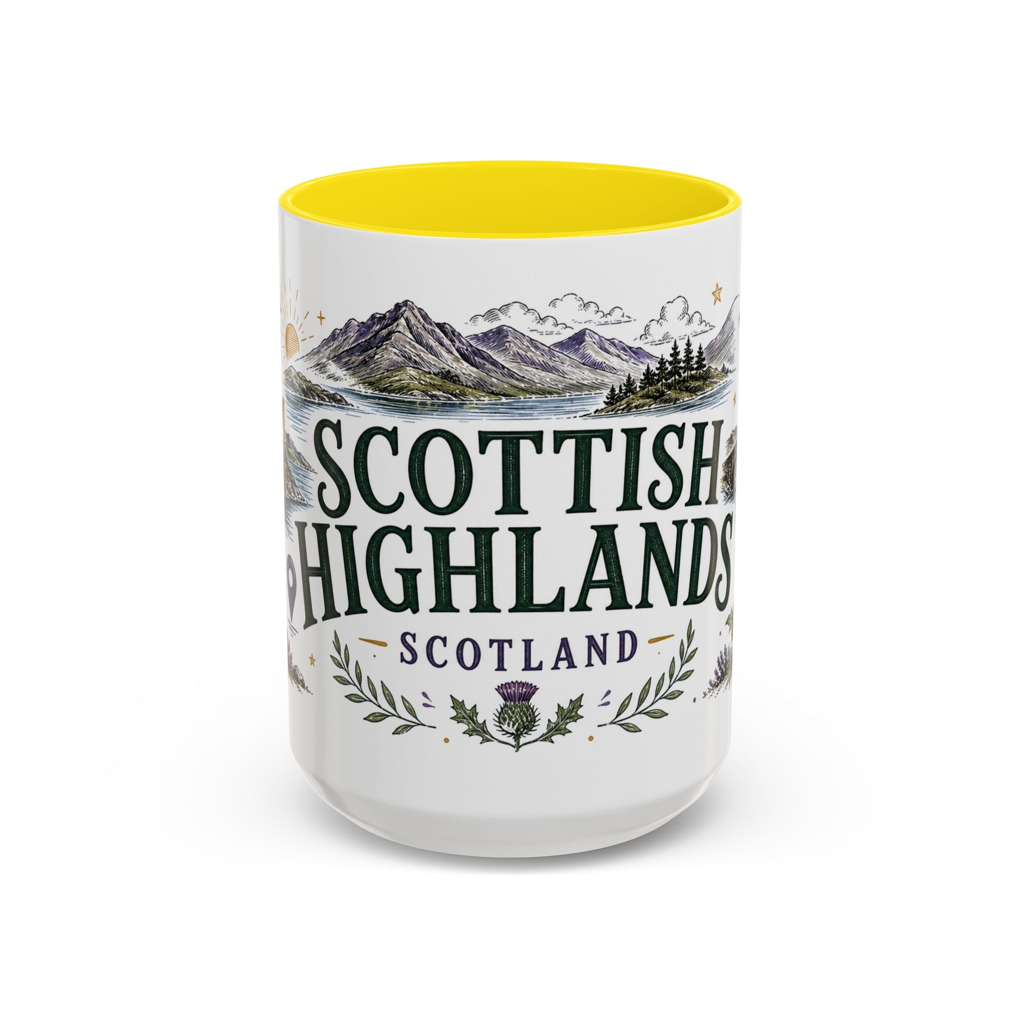 Scottish Highlands Coffee Mug | Travel Destination Souvenir Gift | Accent Color Ceramic 11oz 15oz