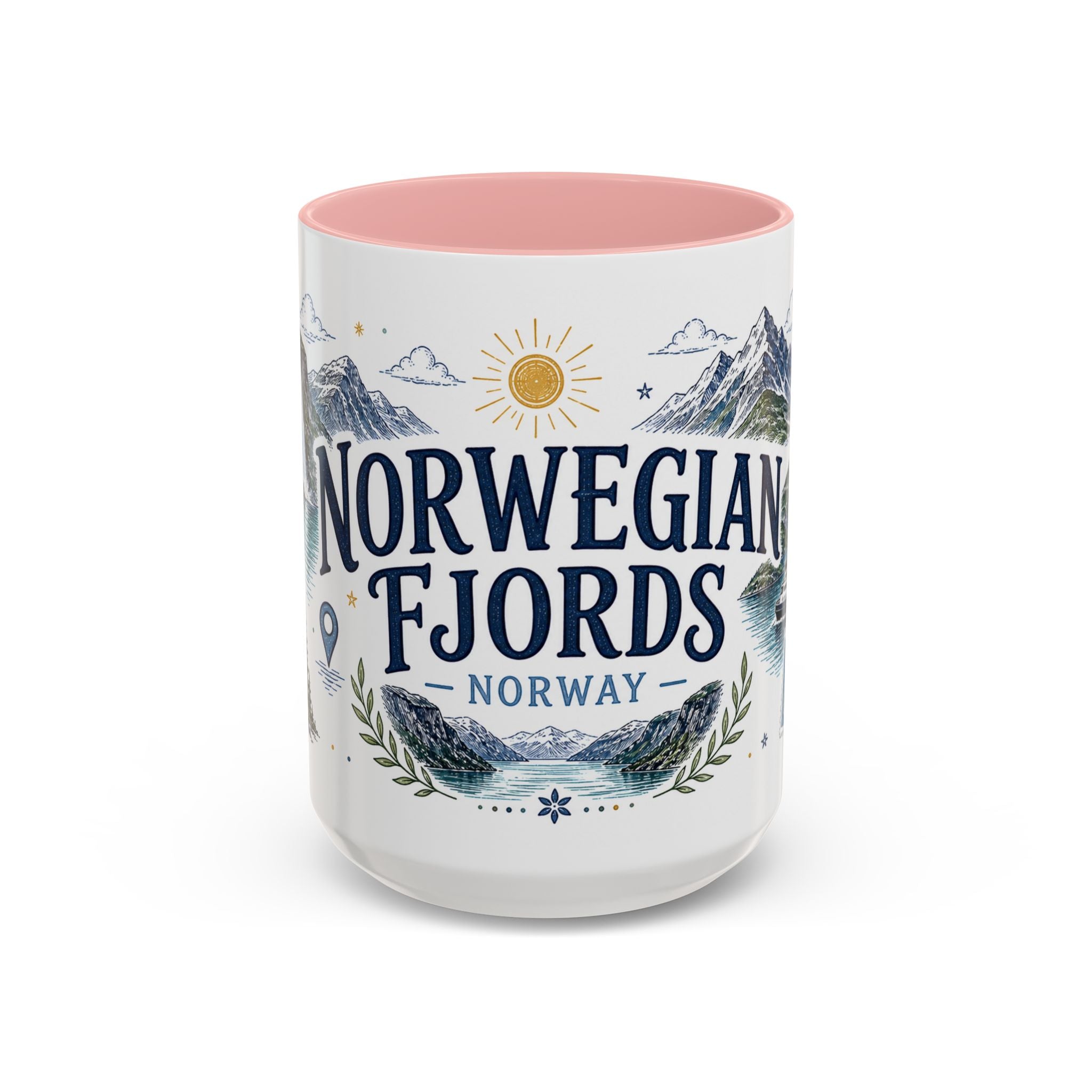 Norwegian Fjords Coffee Mug | Travel Destination Souvenir Gift | Accent Color Ceramic 11oz 15oz