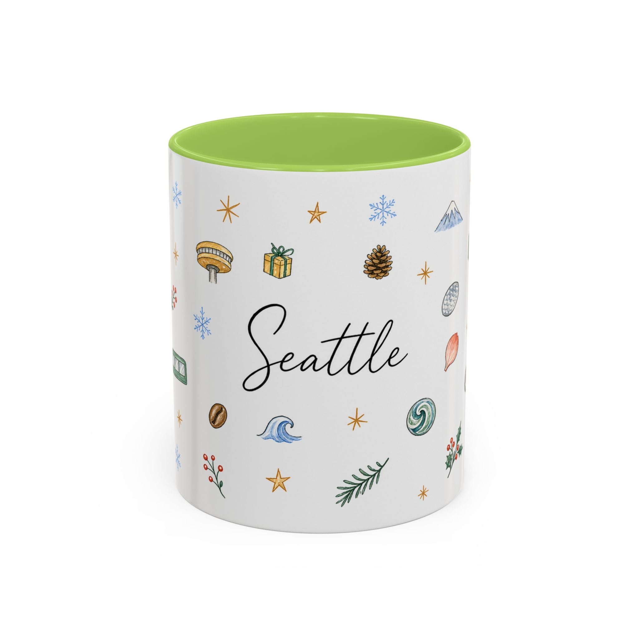 Seattle Christmas Mug | Watercolor Travel Souvenir | Holiday Gift | Accent Ceramic Coffee Cup 11oz 15oz