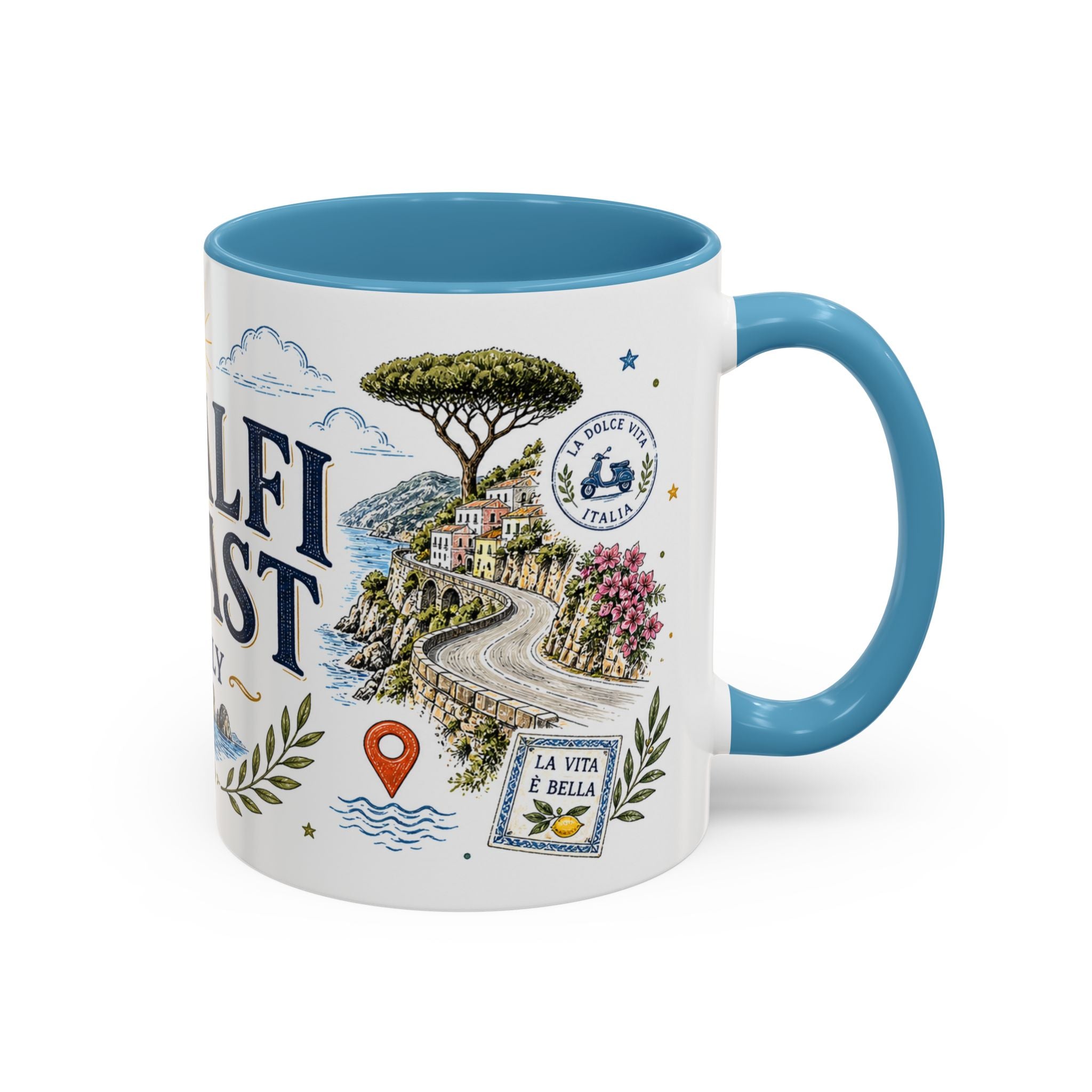 Amalfi Coast Coffee Mug | Travel Destination Souvenir Gift | Accent Color Ceramic 11oz 15oz