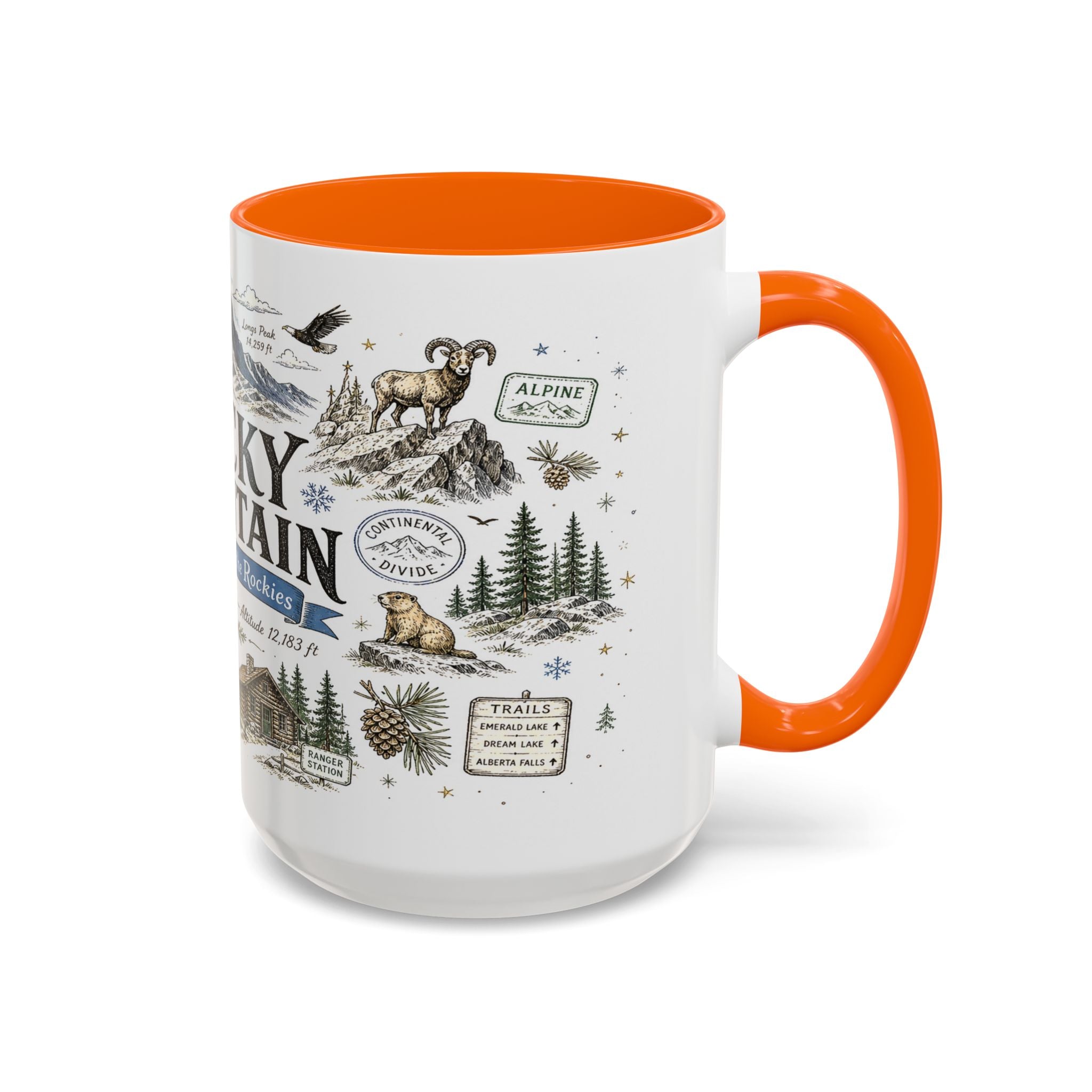 Rocky Mountain Coffee Mug | National Park Hiking Camping Gift | Accent Color Ceramic 11oz 15oz