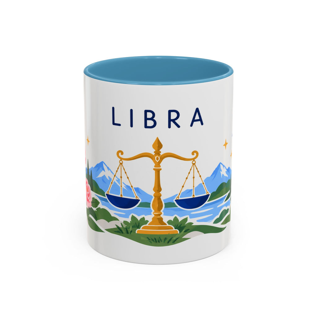 Libra Zodiac Coffee Mug | Scales and Rose Design | Astrology Birthday Gift | 11 oz 15 oz Ceramic Accent Mug