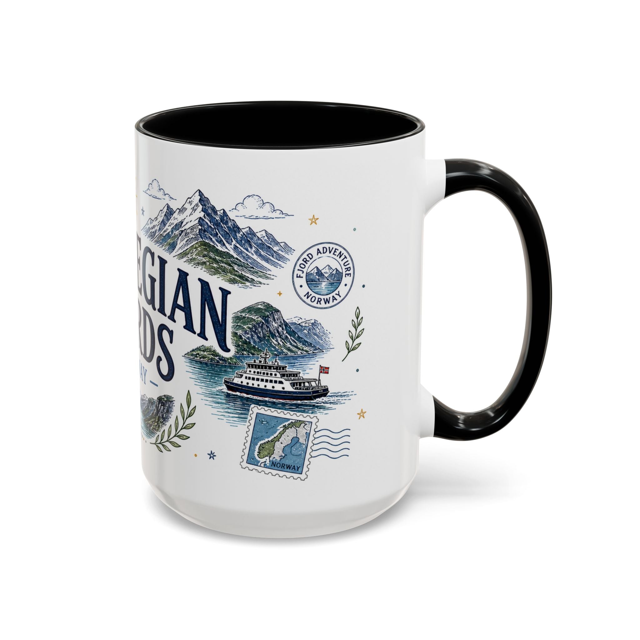 Norwegian Fjords Coffee Mug | Travel Destination Souvenir Gift | Accent Color Ceramic 11oz 15oz