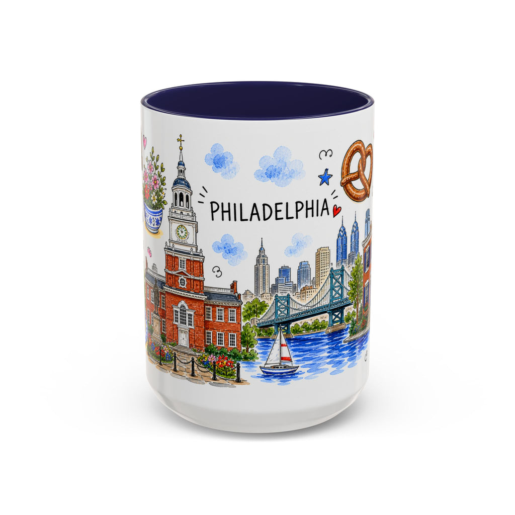 Philadelphia Illustrated Travel Mug | City Souvenir Accent Coffee Mug | 11oz 15oz Ceramic Cup