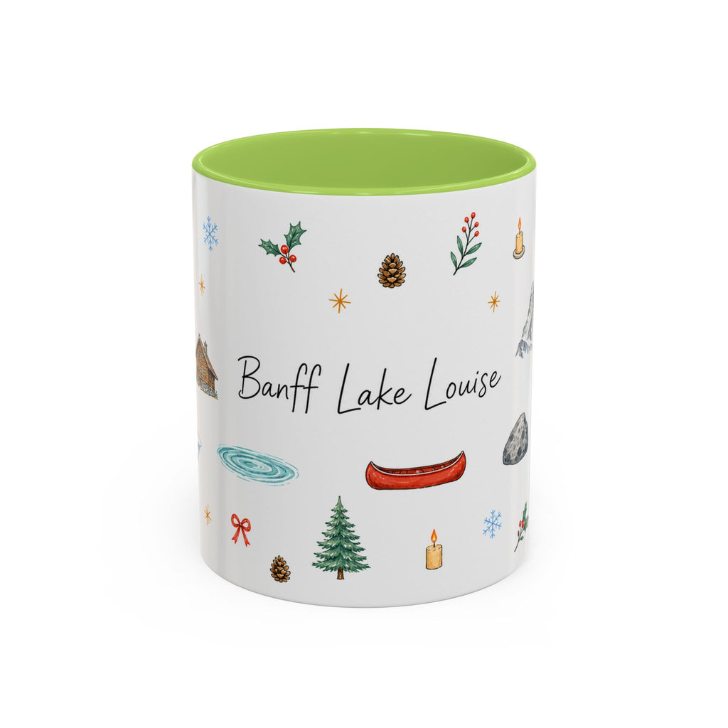 Banff Lake Louise Christmas Mug | Watercolor Travel Souvenir | Holiday Gift | Accent Ceramic Coffee Cup 11oz 15oz