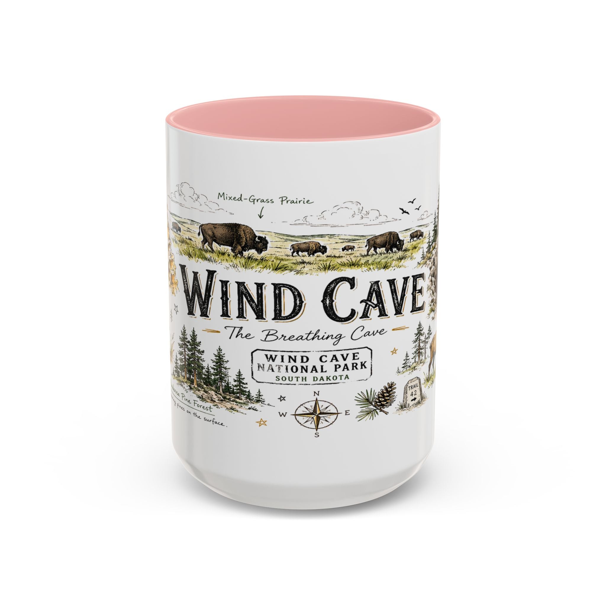 Wind Cave National Park Coffee Mug | South Dakota Cave Bison Prairie Gift | Accent Color Ceramic 11oz 15oz
